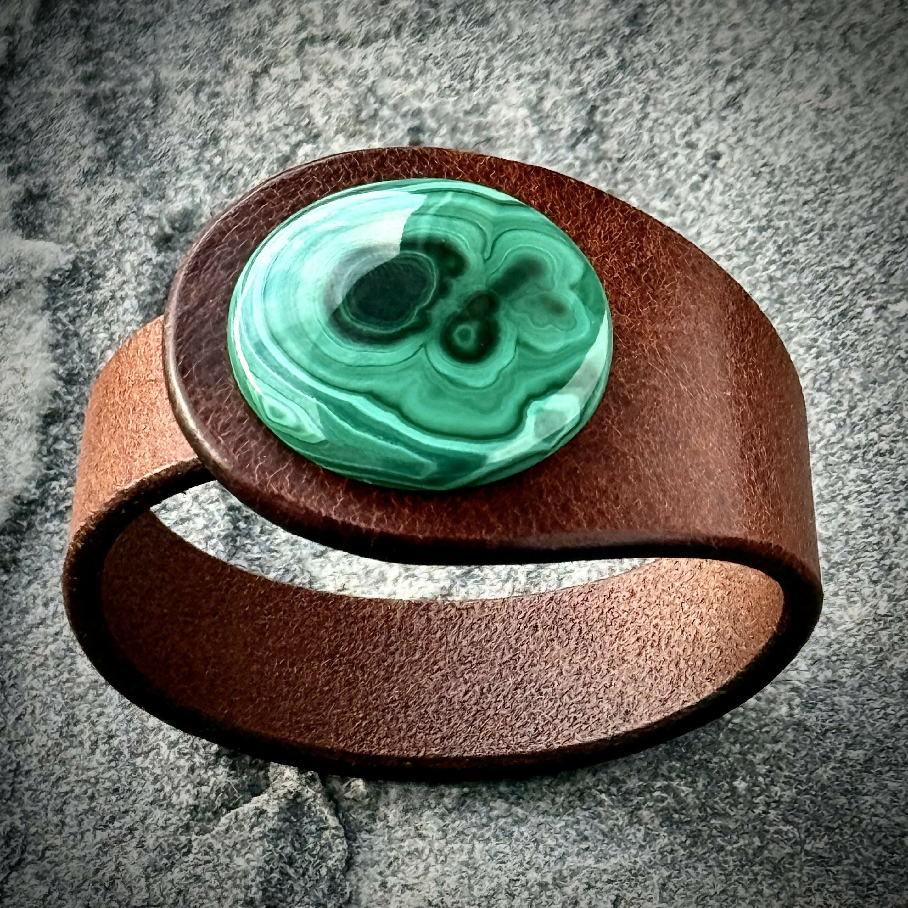 Handcrafted Natural Leather & Malachite Gemstone Bracelet - Size S or M