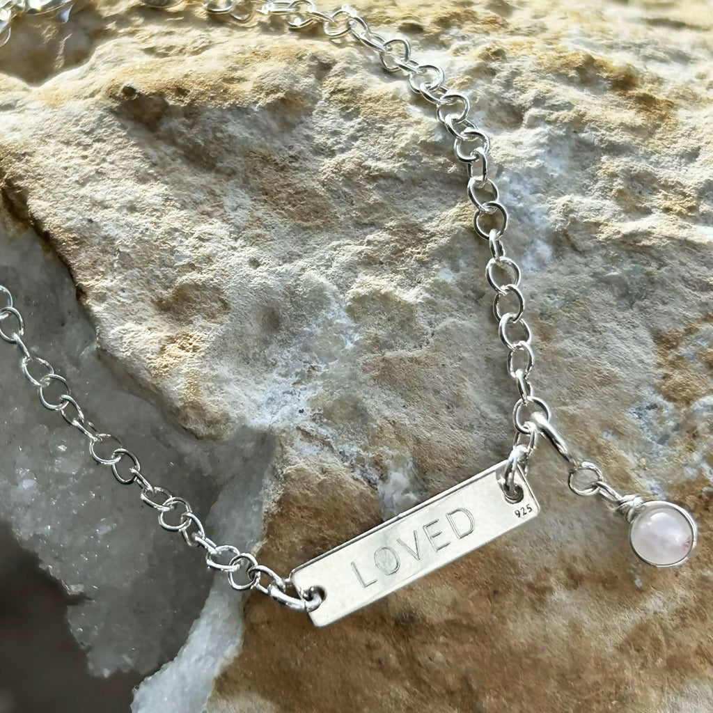 Handmade Sterling Silver 'I Am Loved' Rose Quartz Charm Bracelet