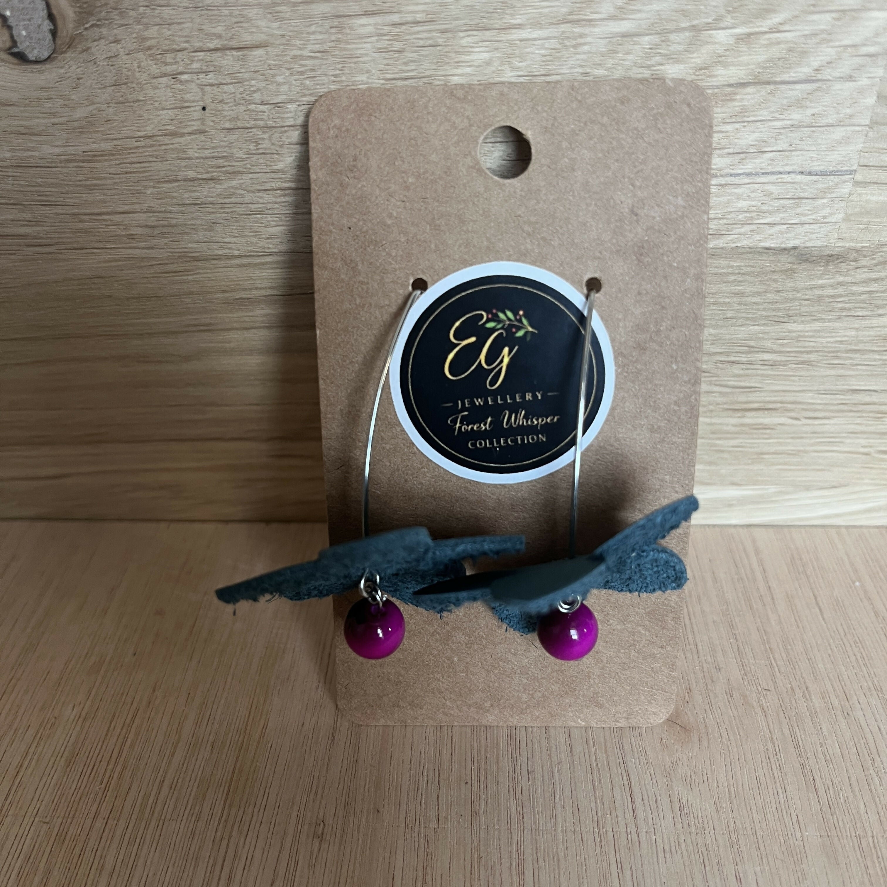 Forest Whisper – Blue Leather Flower Earrings with Pink Stone