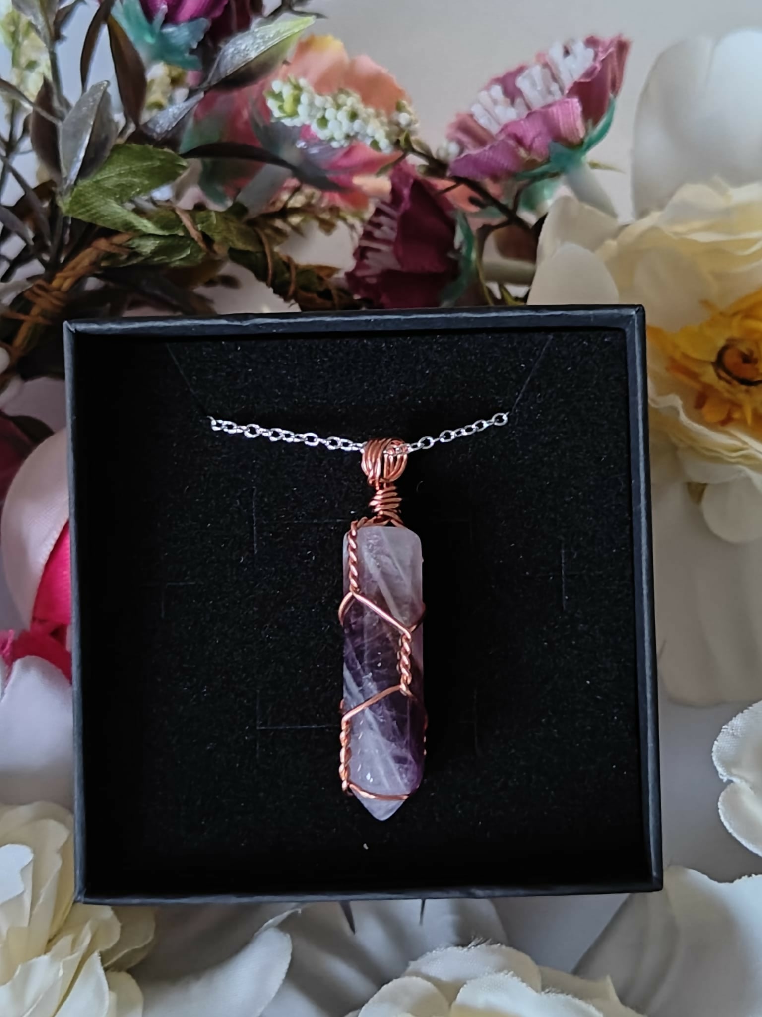 Amethyst Wire Wrapped Crystal Point Necklace on Sterling Silver Chain