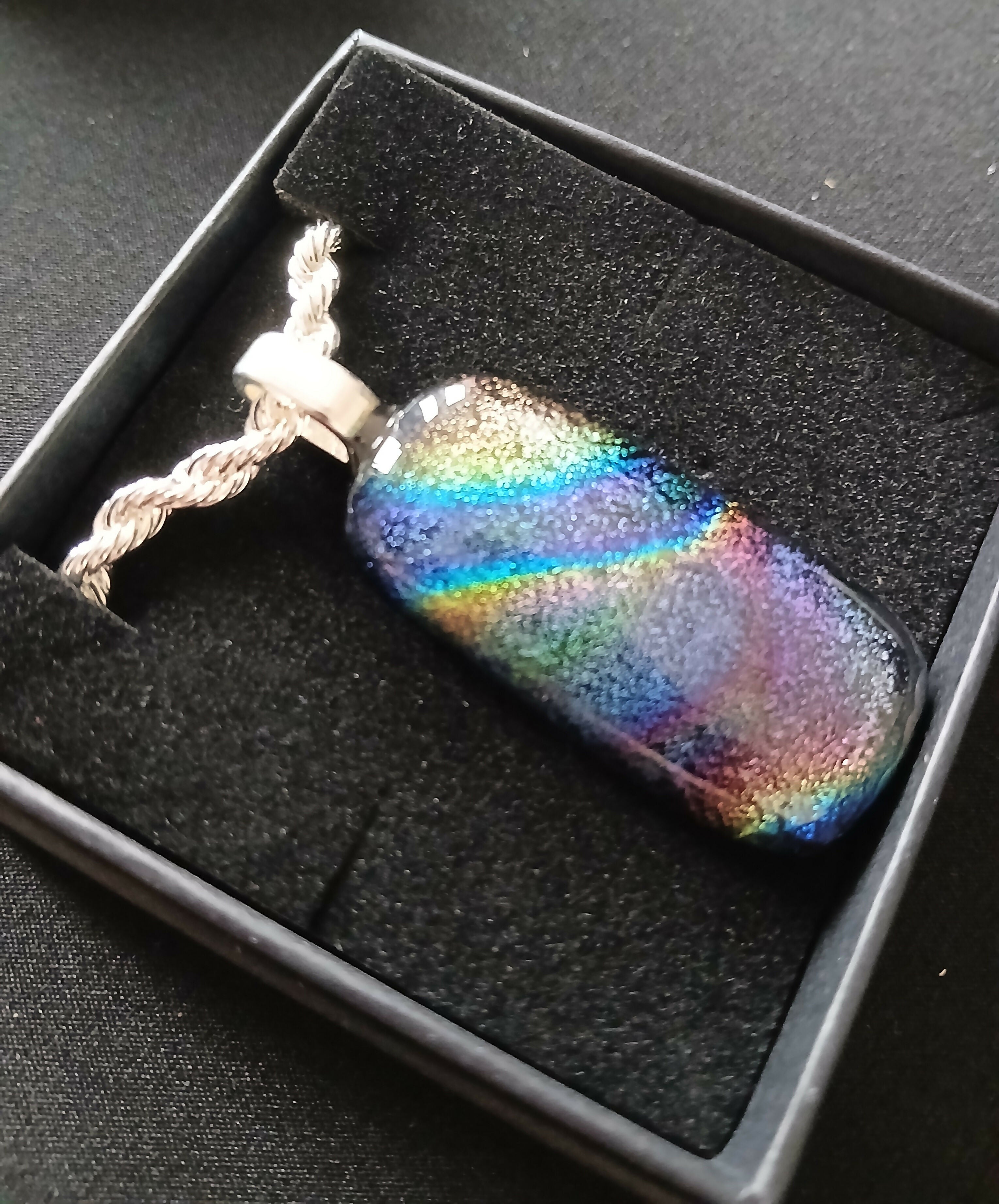 Fused Dichroic Glass Rectangular Pendant With a 925 Silver Chain Necklace (Rainbow Orange)