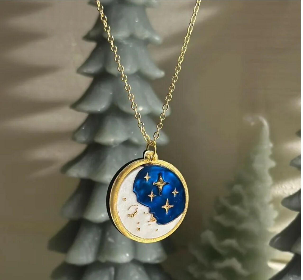 Celestial, Christmas Crescent Moon and Starry Sky Disc Pendant