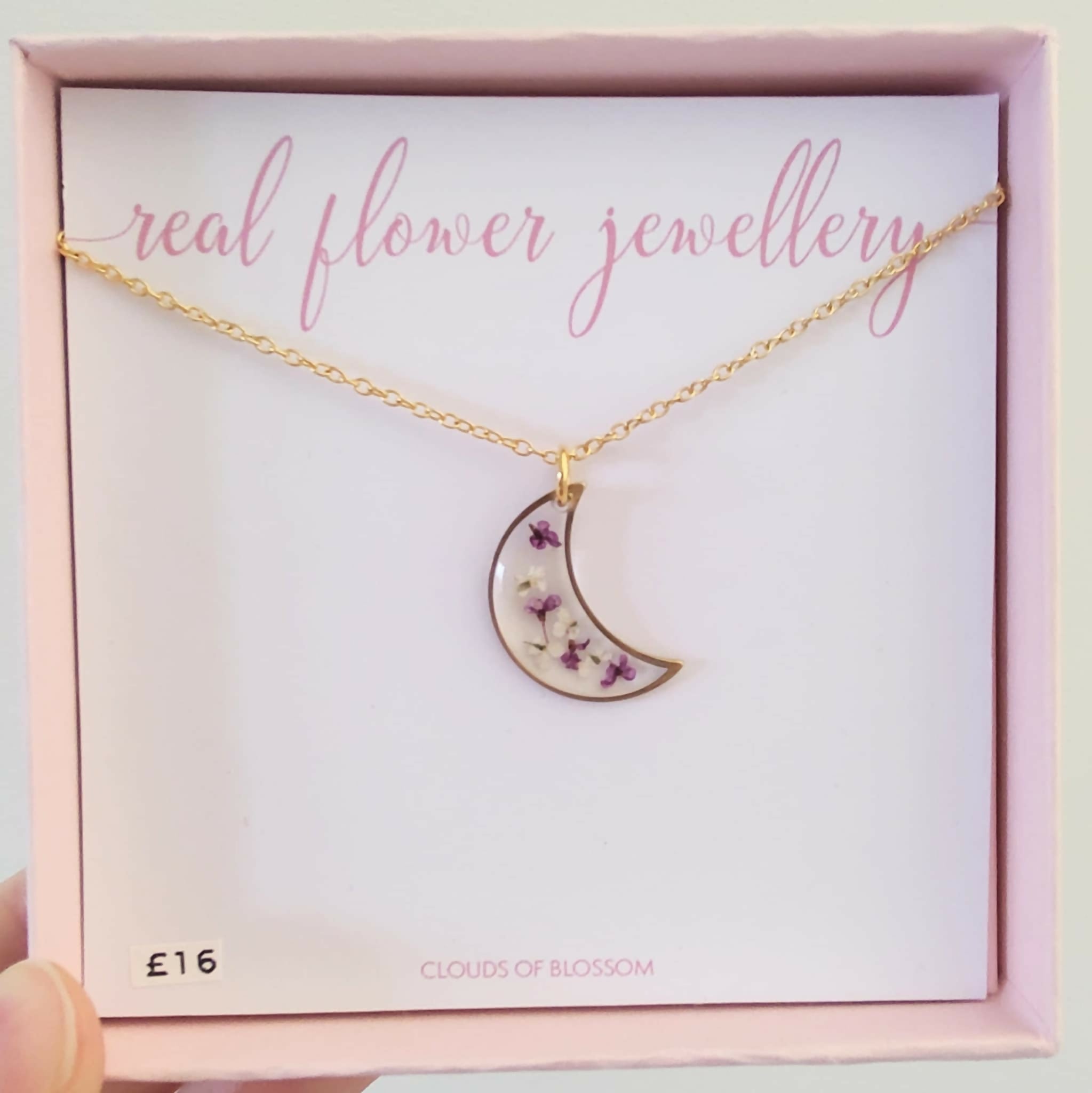Real Flower Purple and White Crescent Moon Necklace Gold Plated