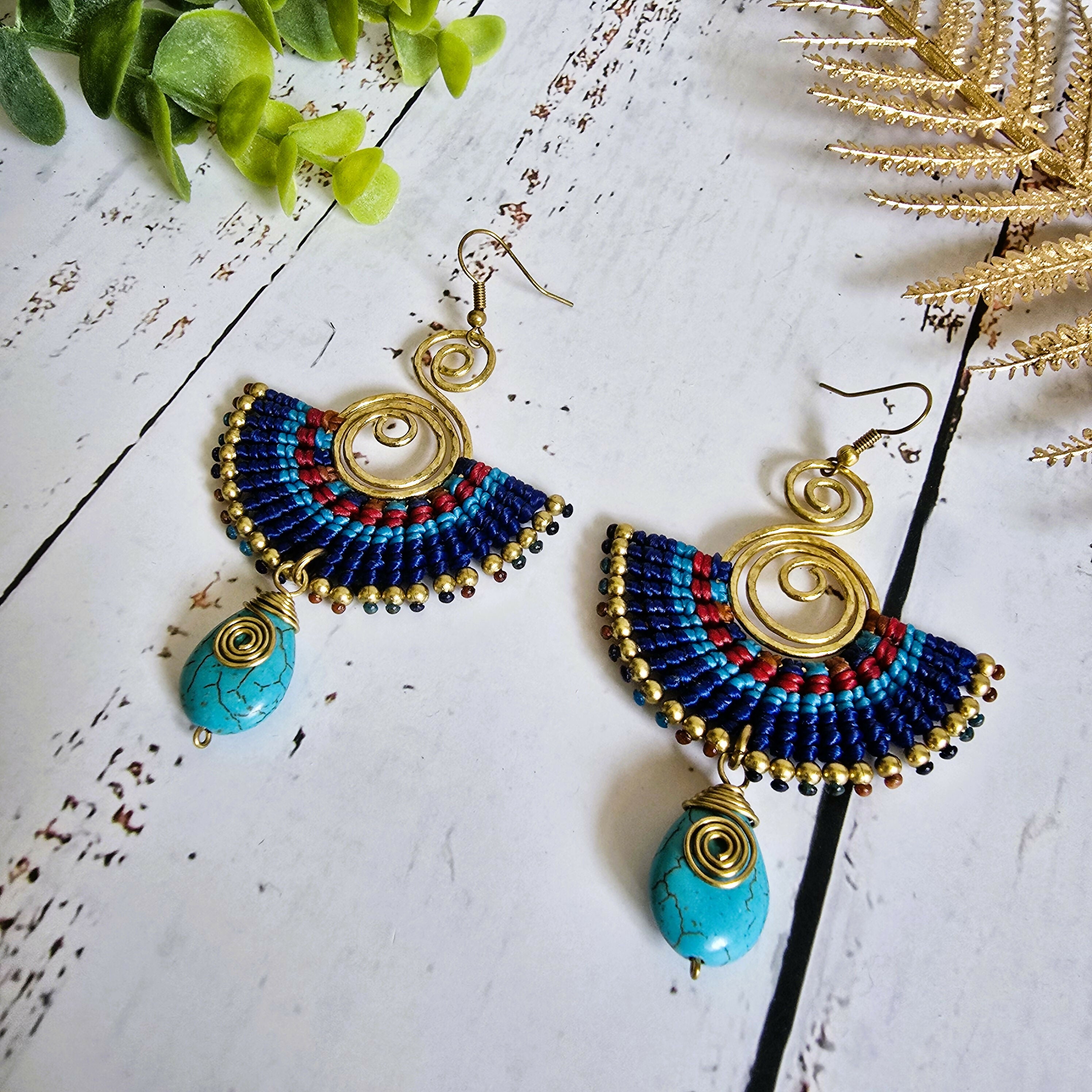 Turquoise Crystal Macramé Earrings; Blue Boho Earrings With Gold Spiral Wire Art