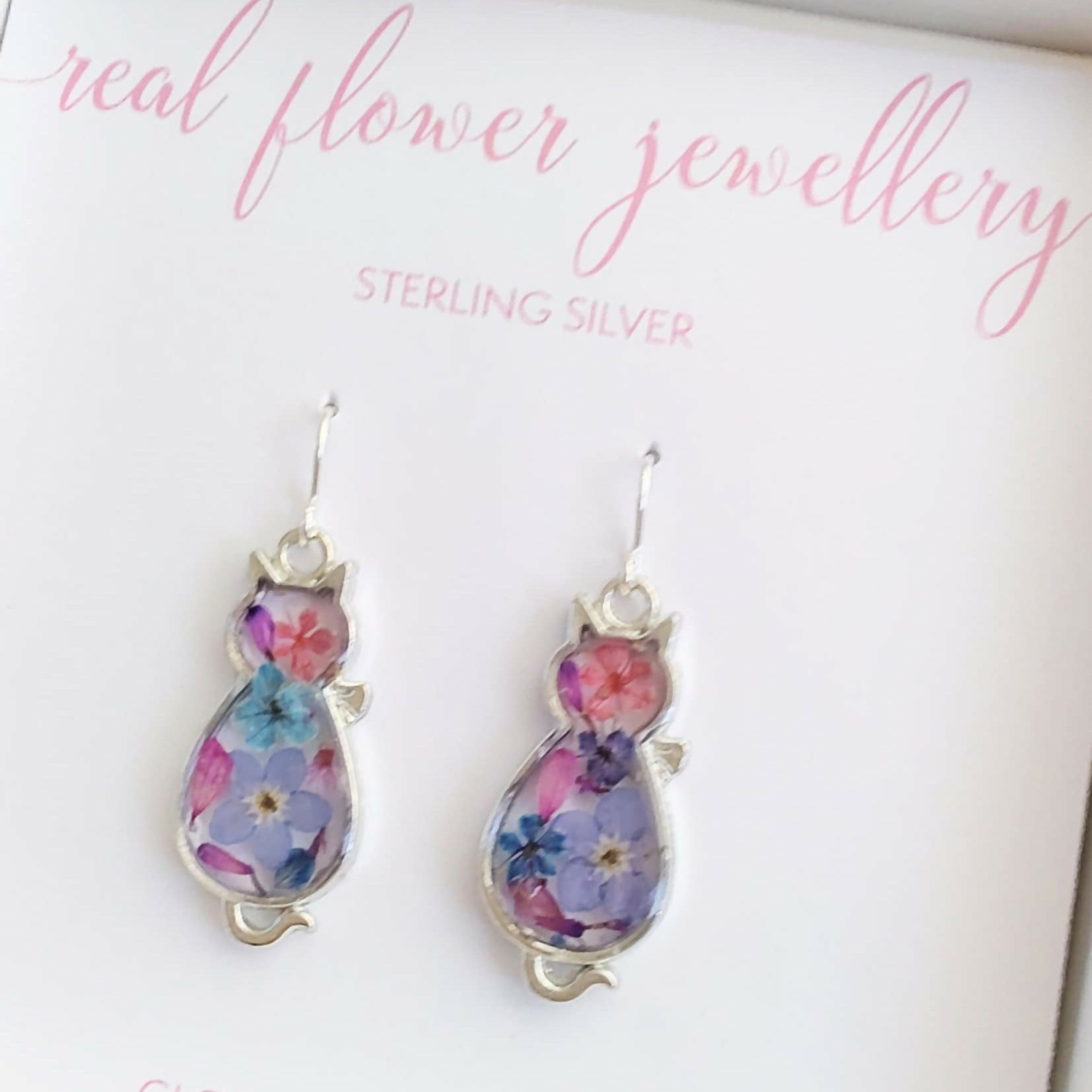 Real Flower Cat Forget Me Not and Pink Florals Earrings Sterling Silver