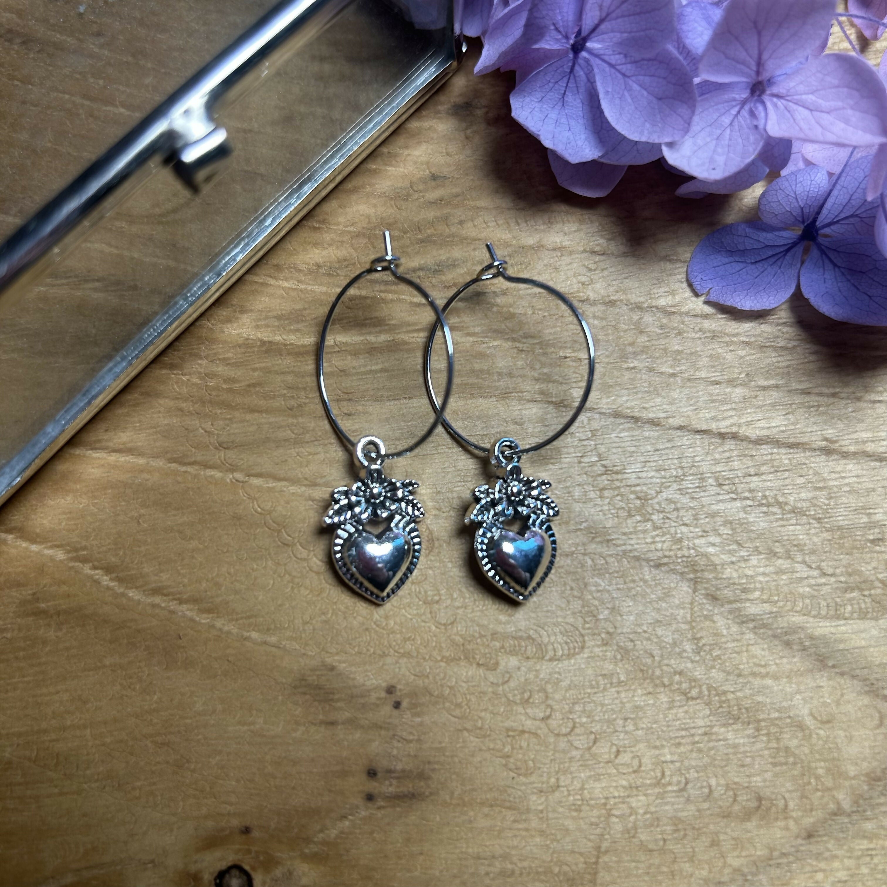 Lovely Sacred Heart Charm Hoops