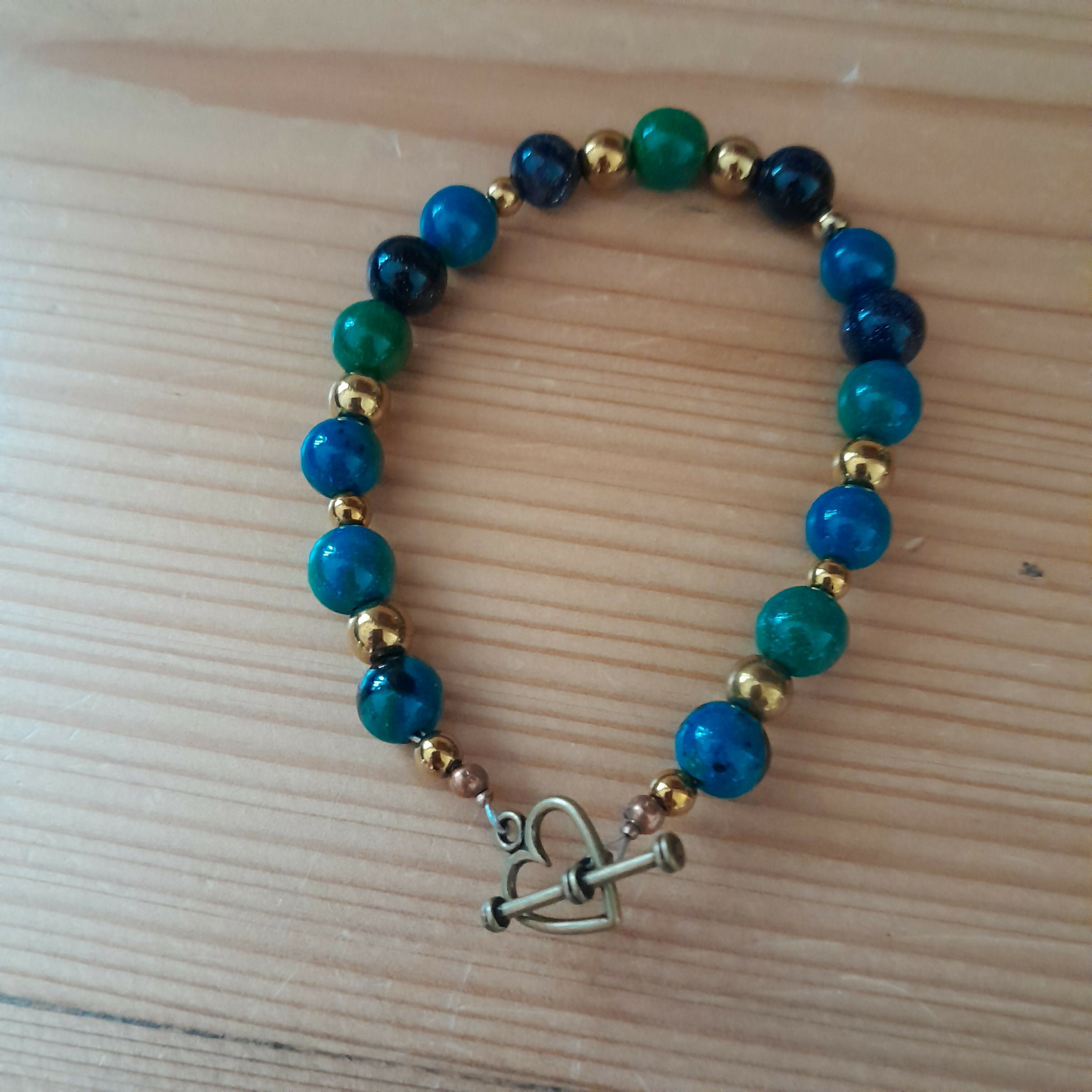 Bronze Toggle Catch Bracelet with Bronze Hematite, Chrysocolla and Navy Goldstone.