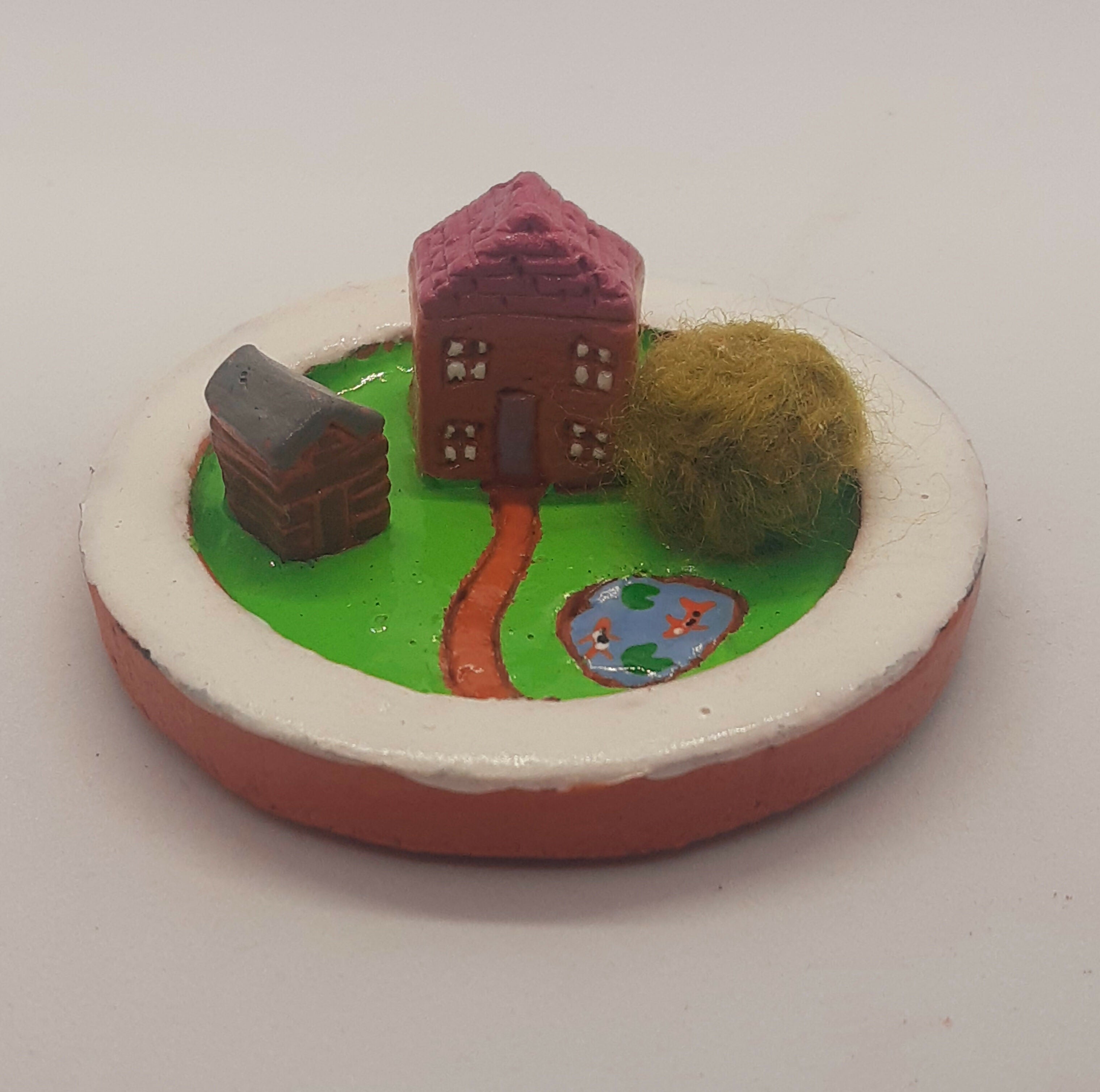 Clay House, Shed and Bush Jewellery/Trinket Dish with Pond and Path
