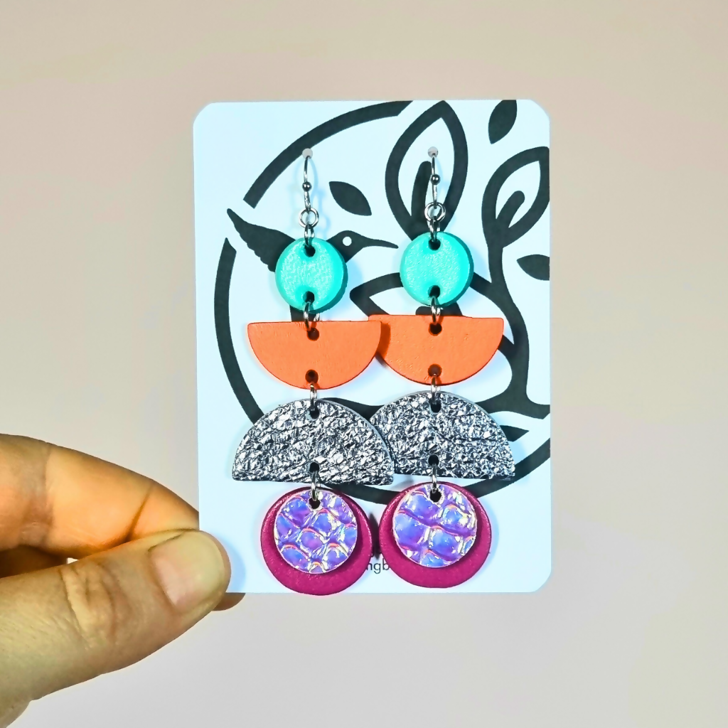 Blue, Red and Purple Five Piece Dangly Earrings