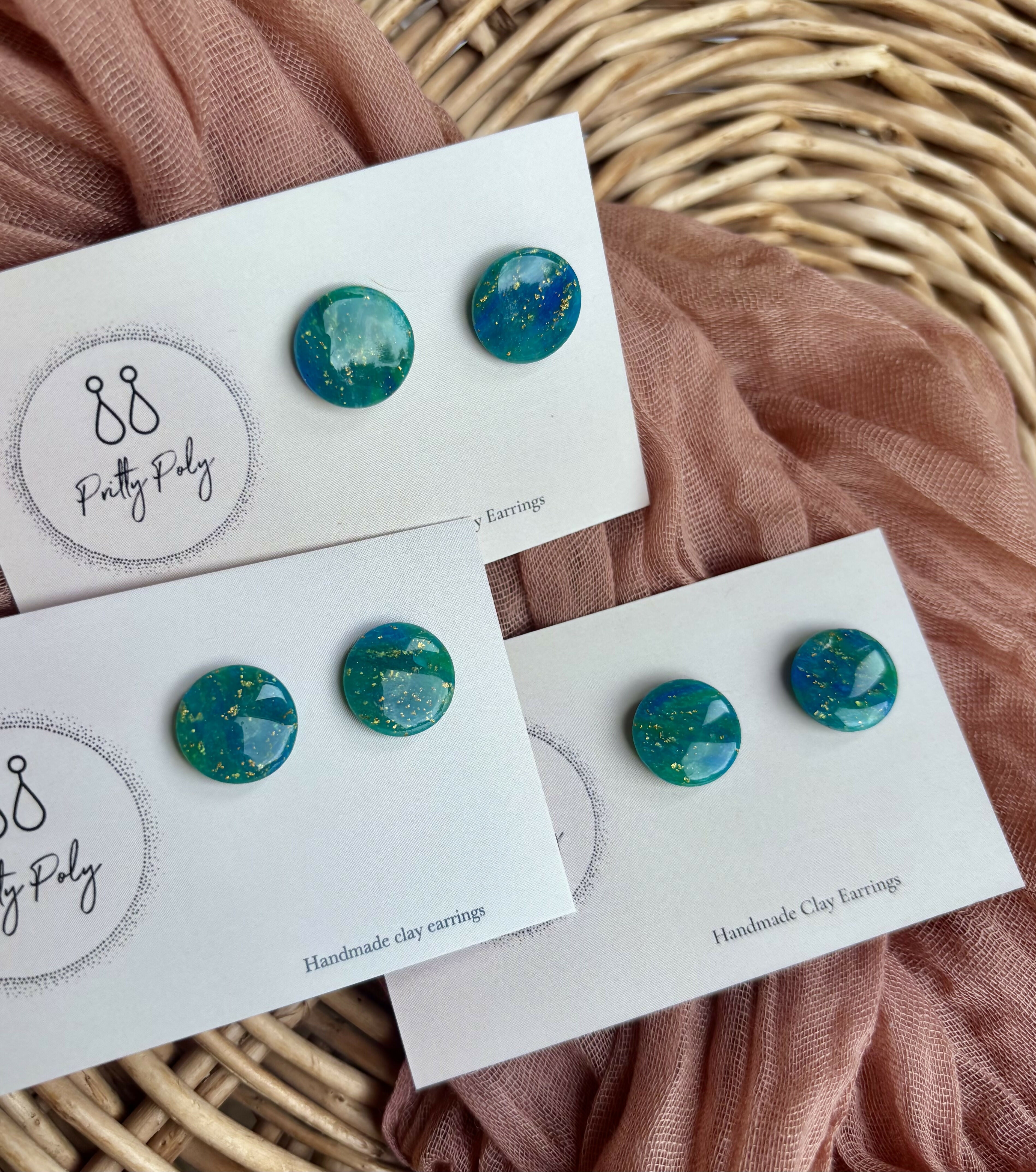 Blue and Gold Fleck Round Polymer Clay Studs