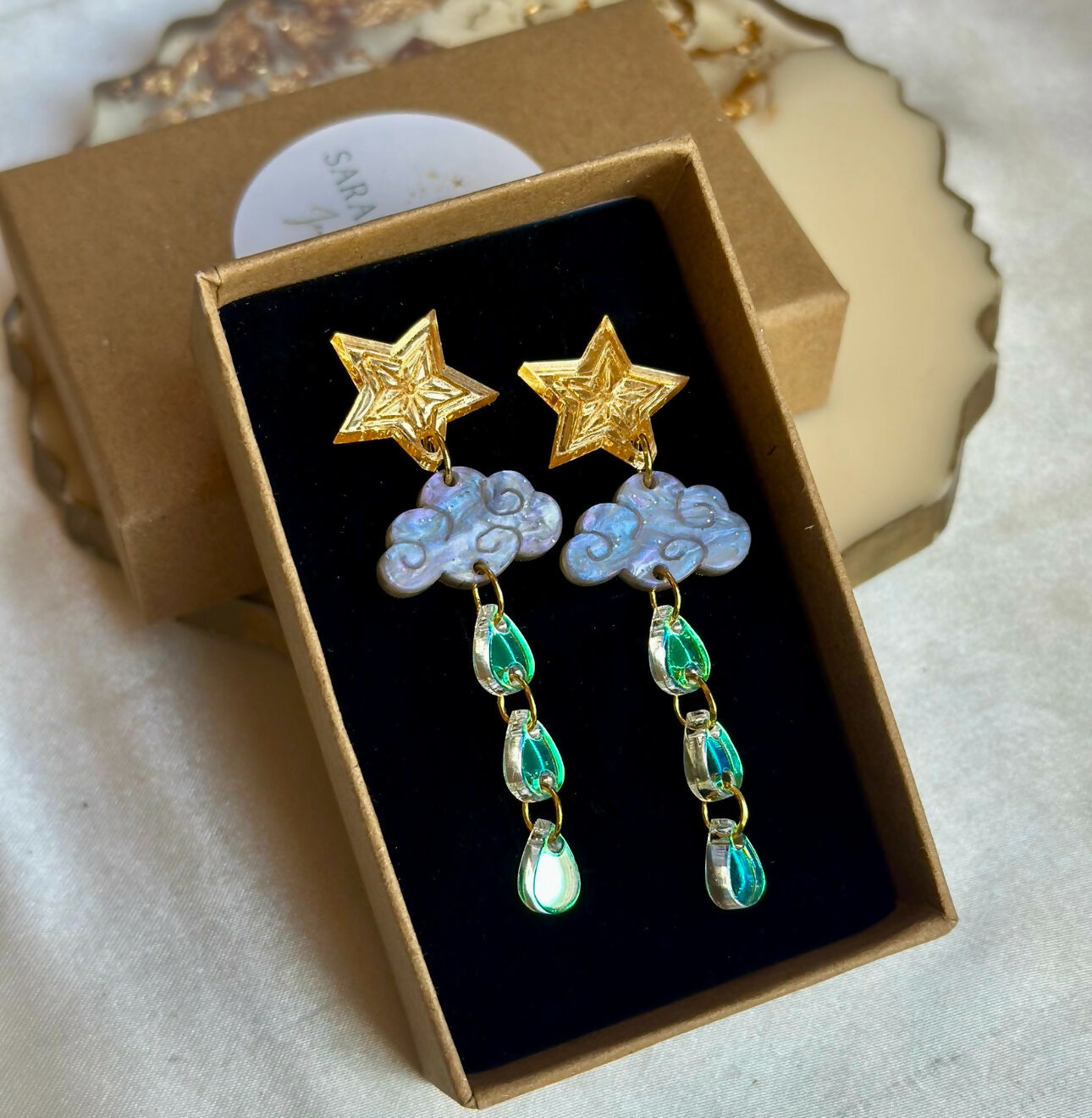 Dangly Cloud and Iridescent Raindrop Earrings