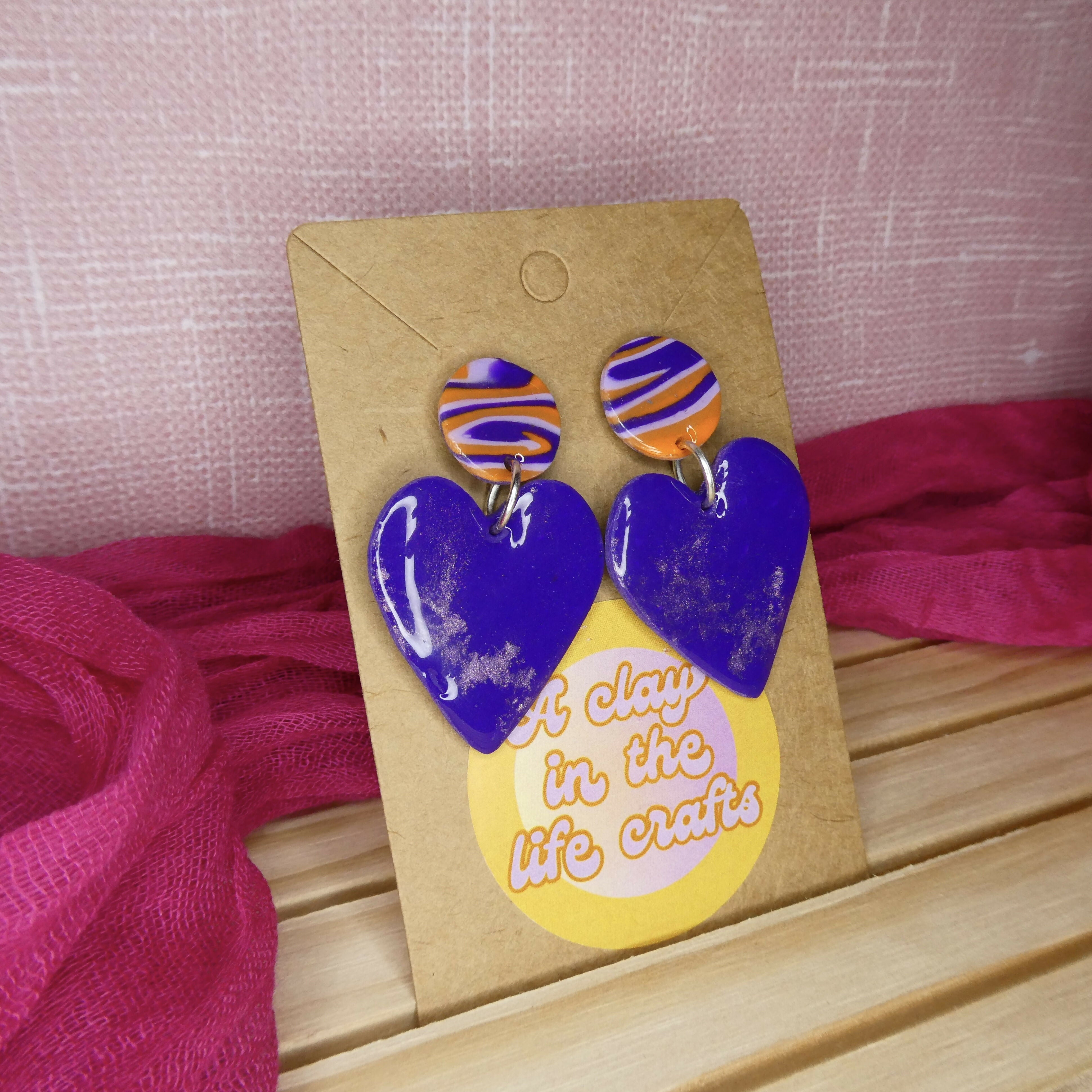 Purple And Orange Shimmery Heart Polymer Clay Earrings