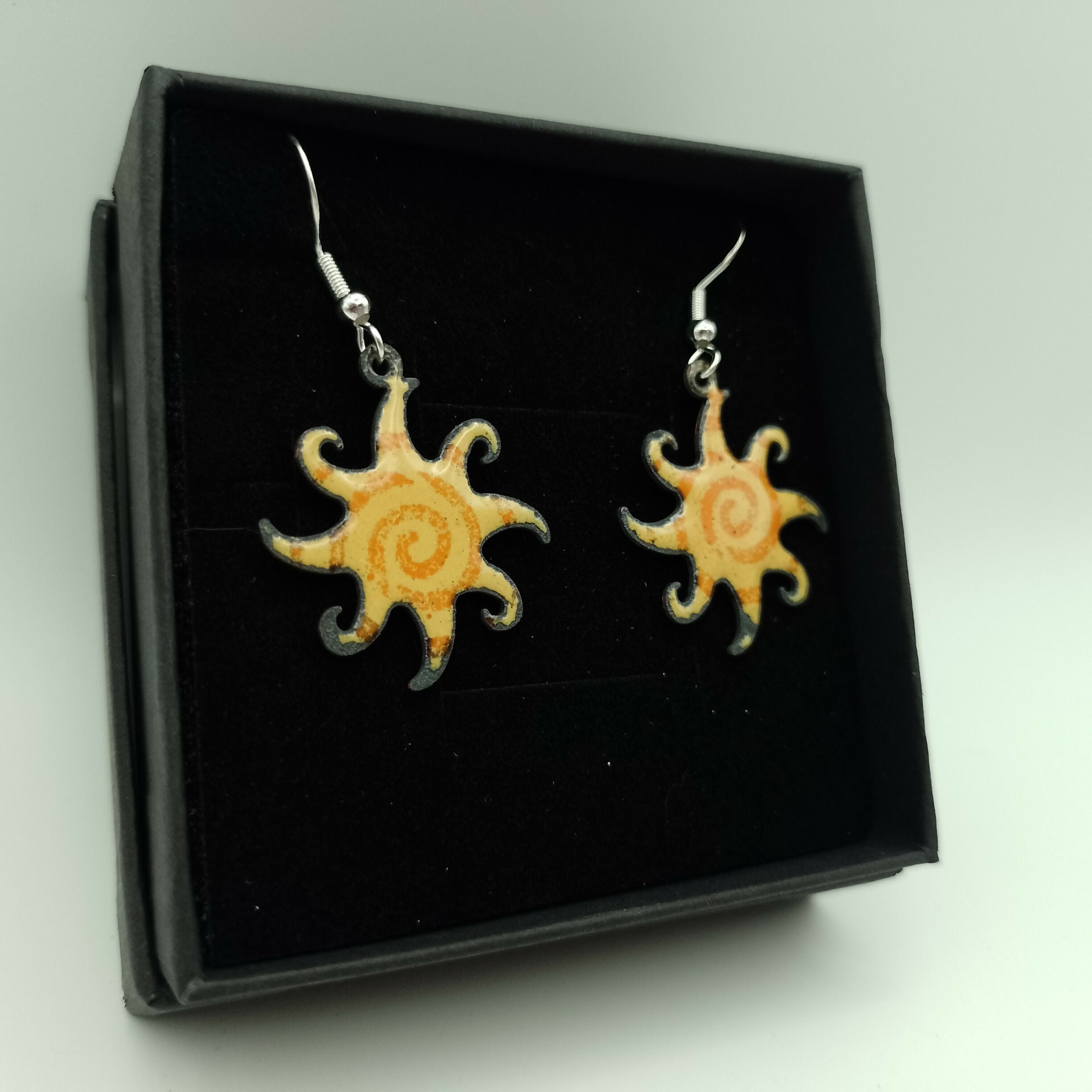 Yellow and Orange Spiral Enamel Earrings