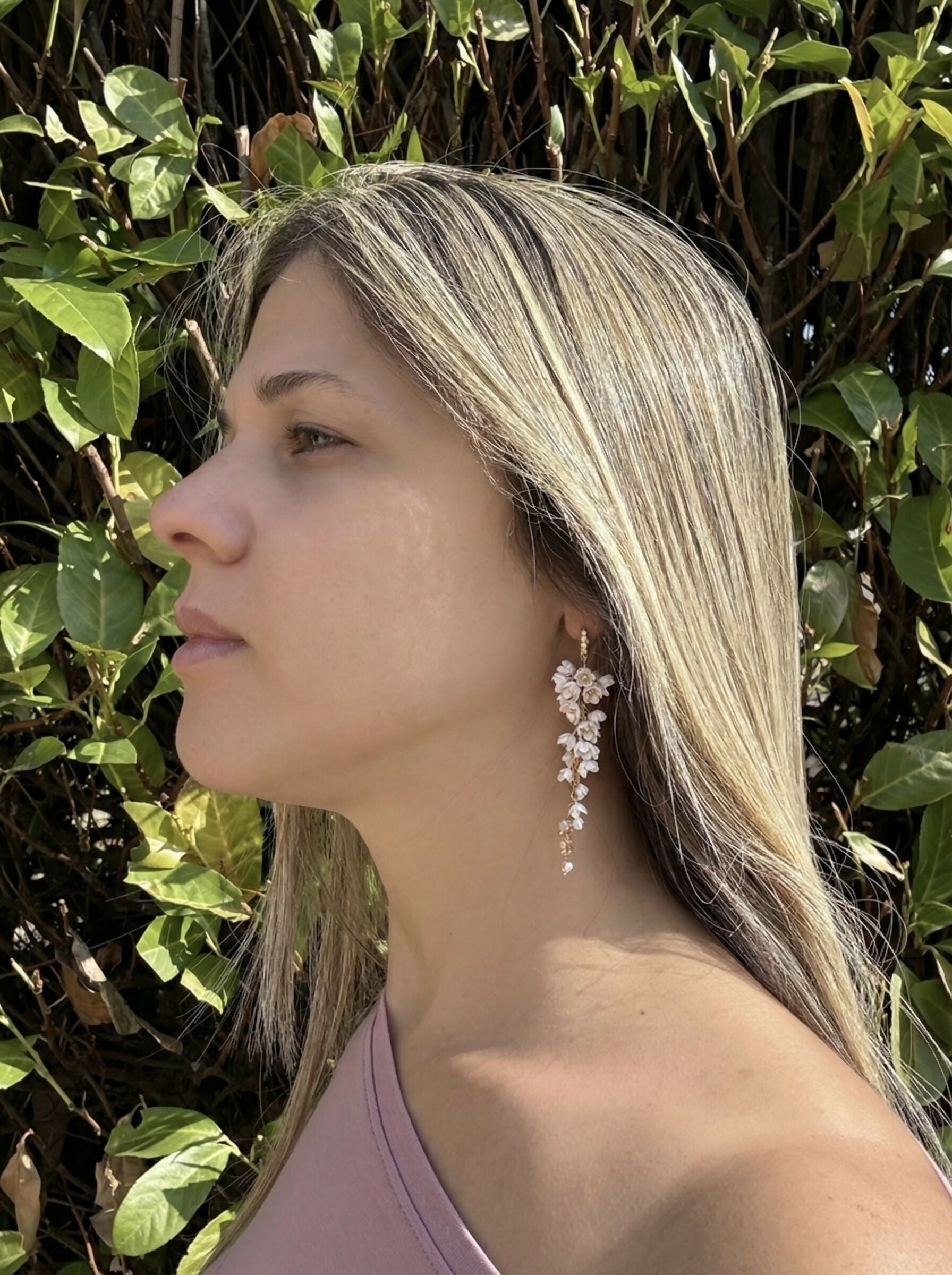 Cascading Flower Drop Earrings with Mini Floral Clusters in Blush Pink