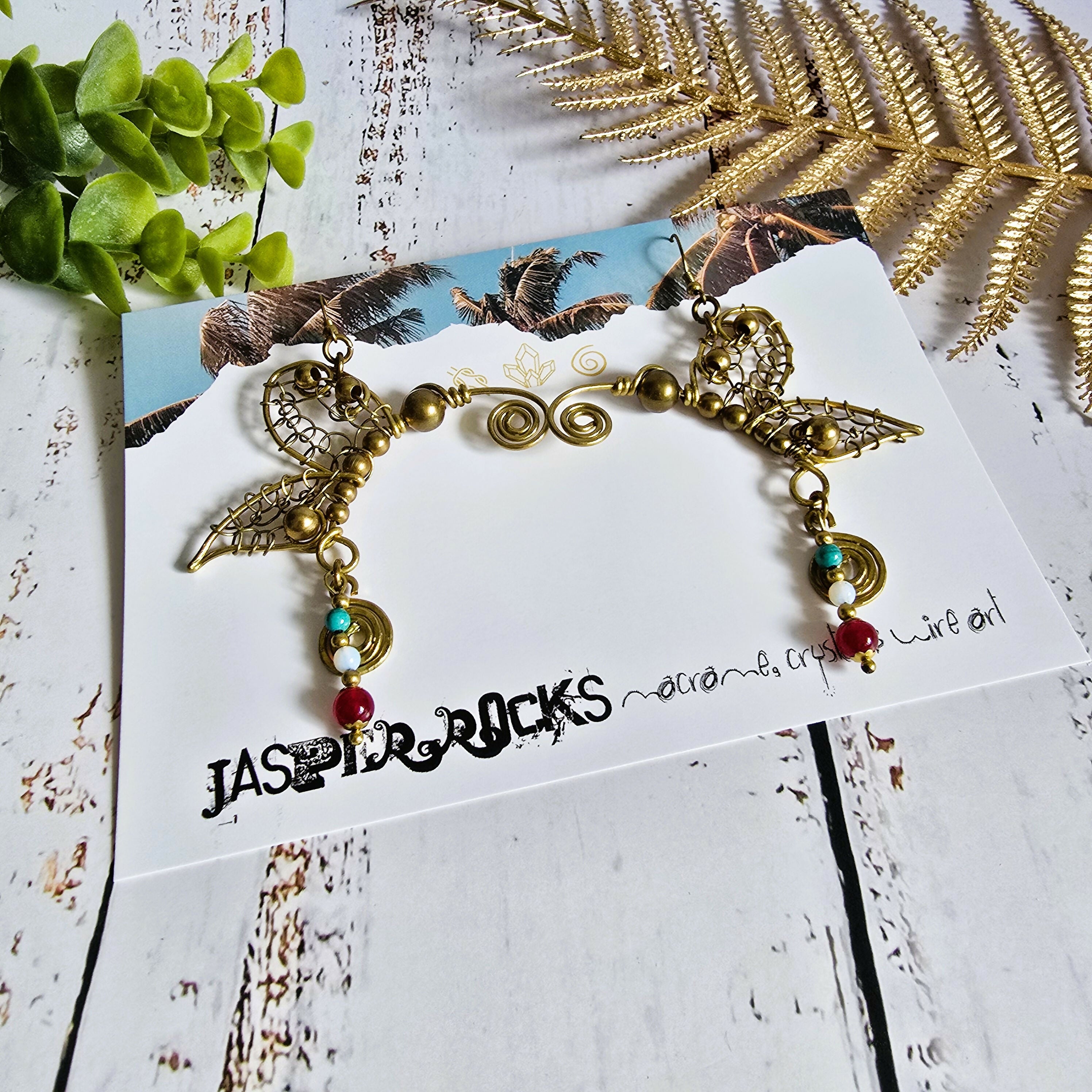 Handmade Butterfly Earrings; Intricate Wire Art With Turquoise, Moonstone & Rubellite Crystals