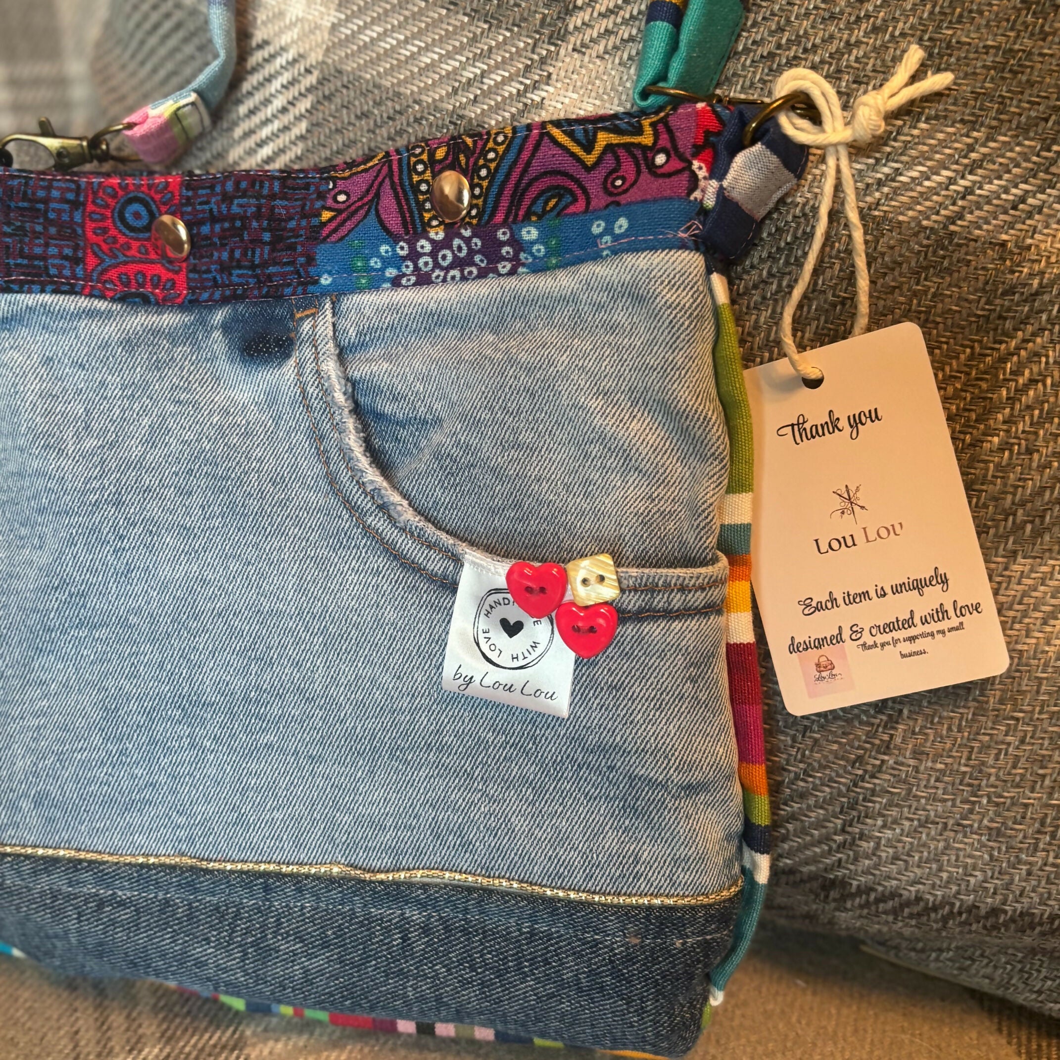 Unique Design Handcrafted Bag Purse Handbag Made From Upcycled Jeans And Bright Fabrics