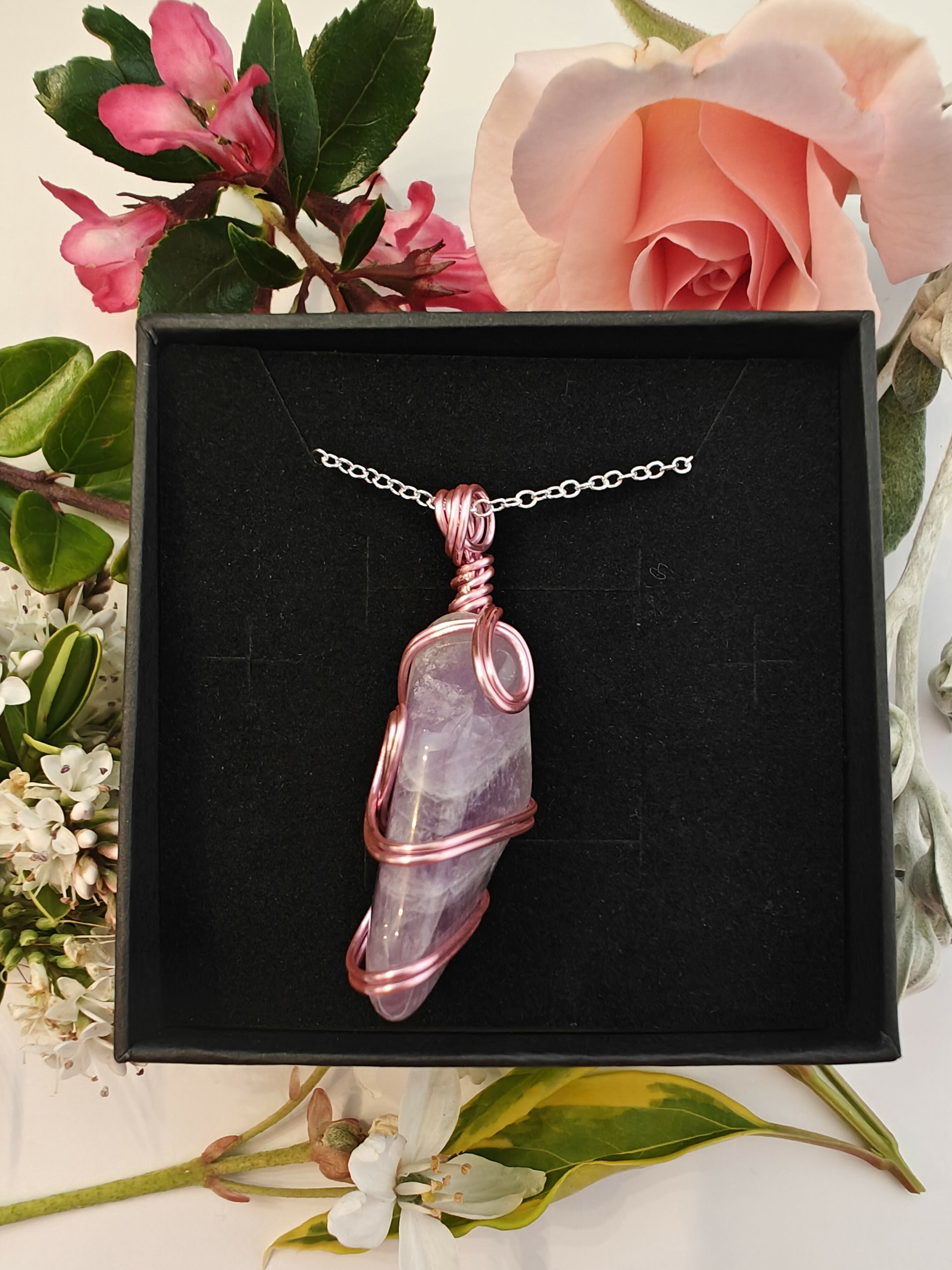 Amethyst Wire Wrapped Crystal Necklace on Sterling Silver Chain