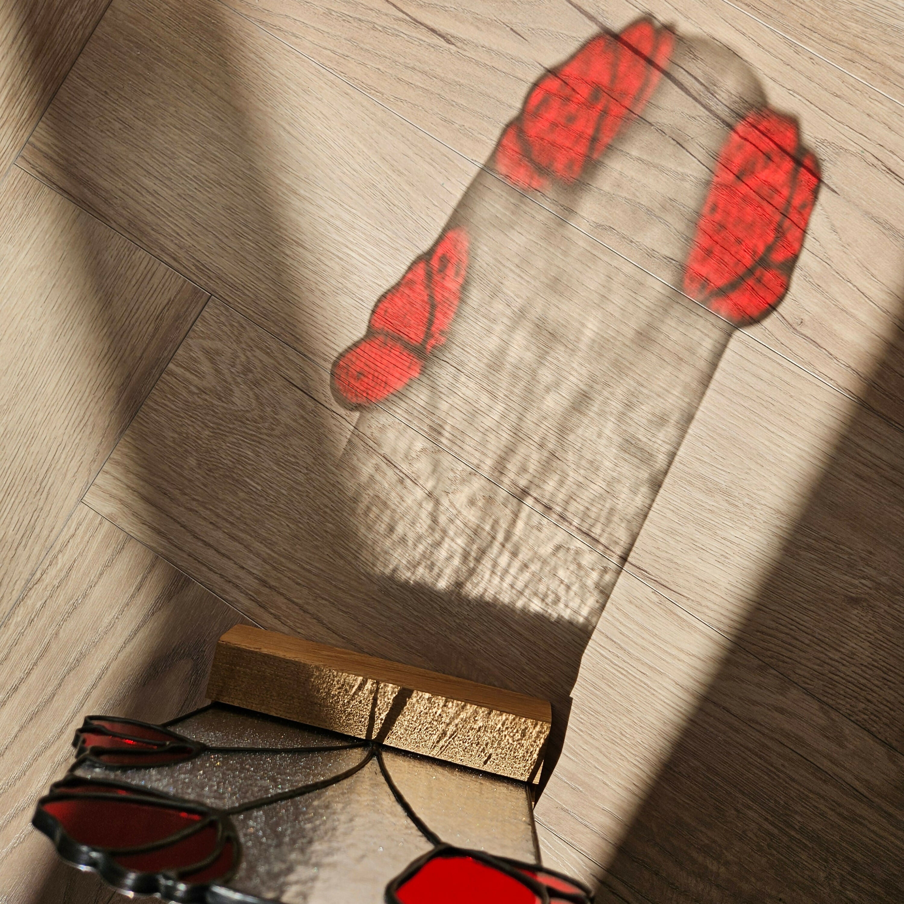 Red Poppy Stained Glass Panel with Solid Oak Stand
