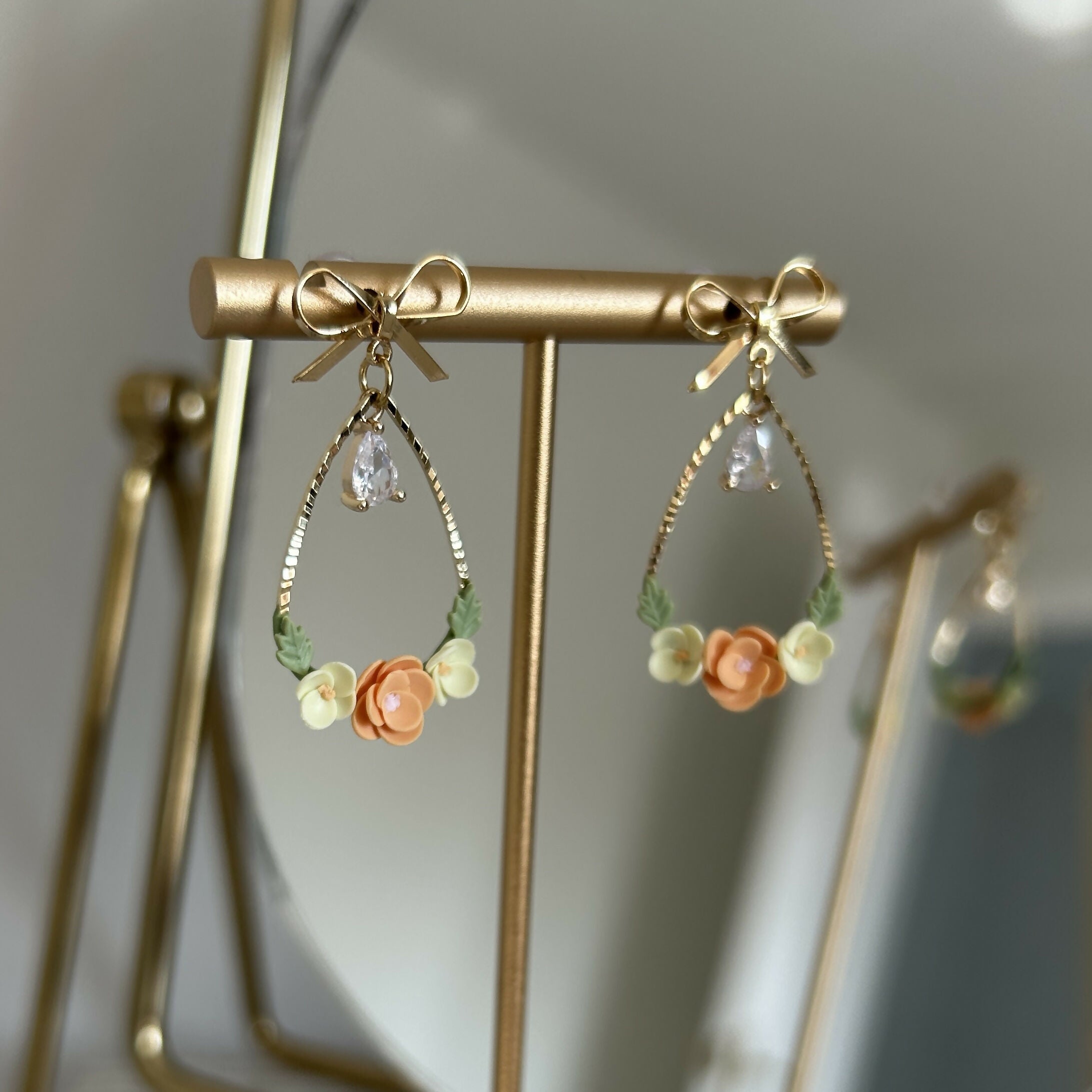 Orange and yellow floral earrings Teardrop