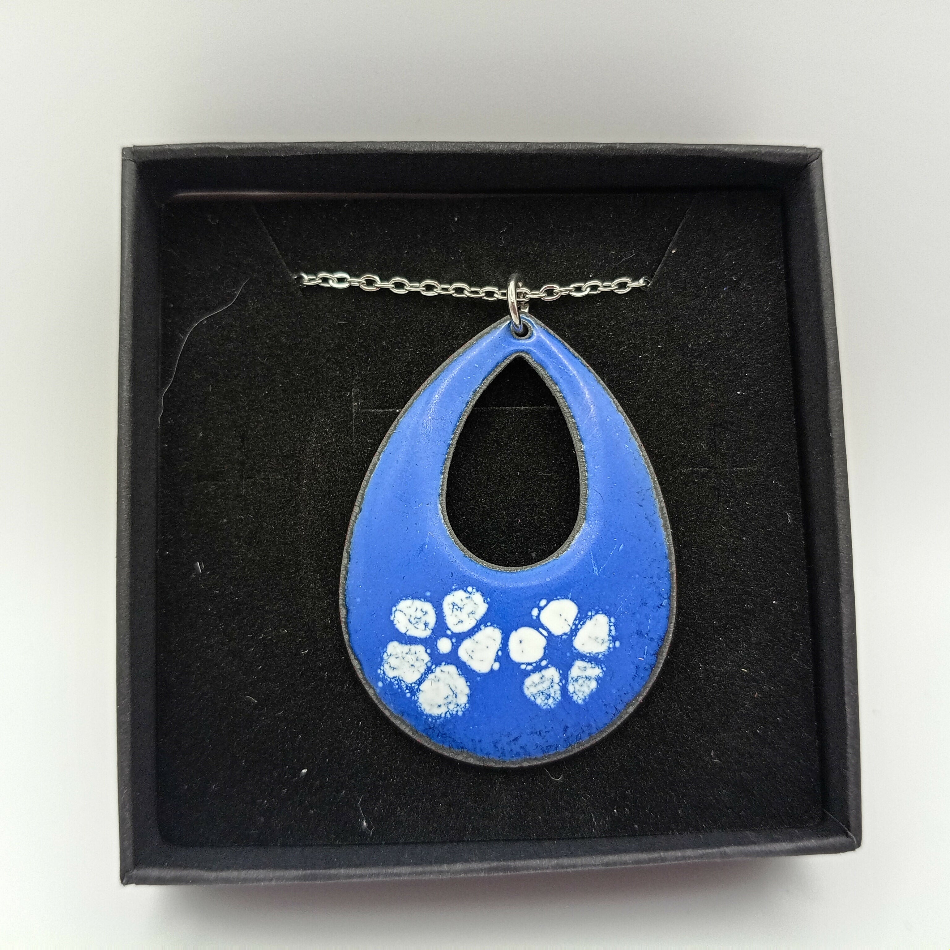 Blue Enamel Pendant with White Flowers