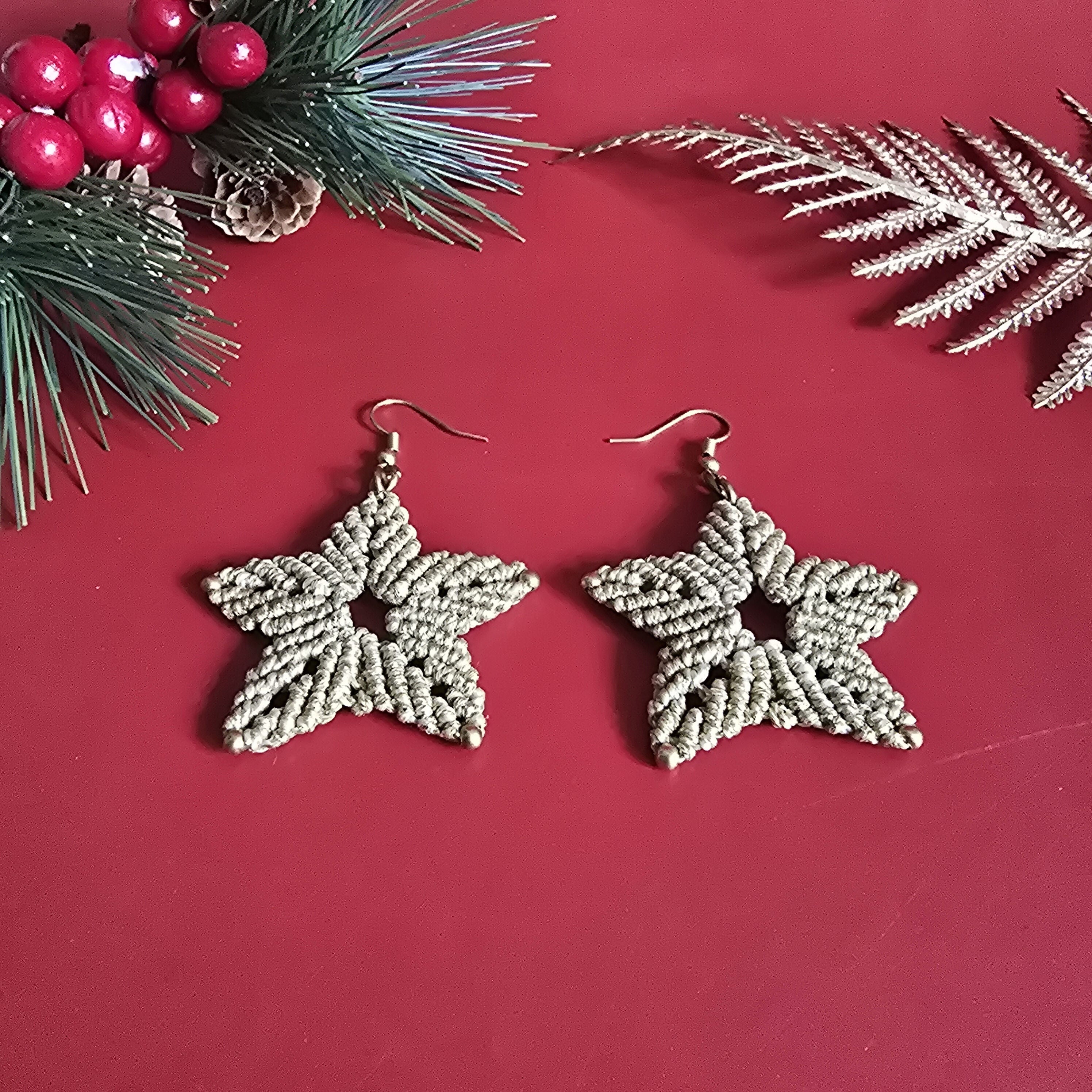 Christmas Macrame Star Earrings; Festive Sparkly Gold knotted Cord Handmade Artisan Earrings