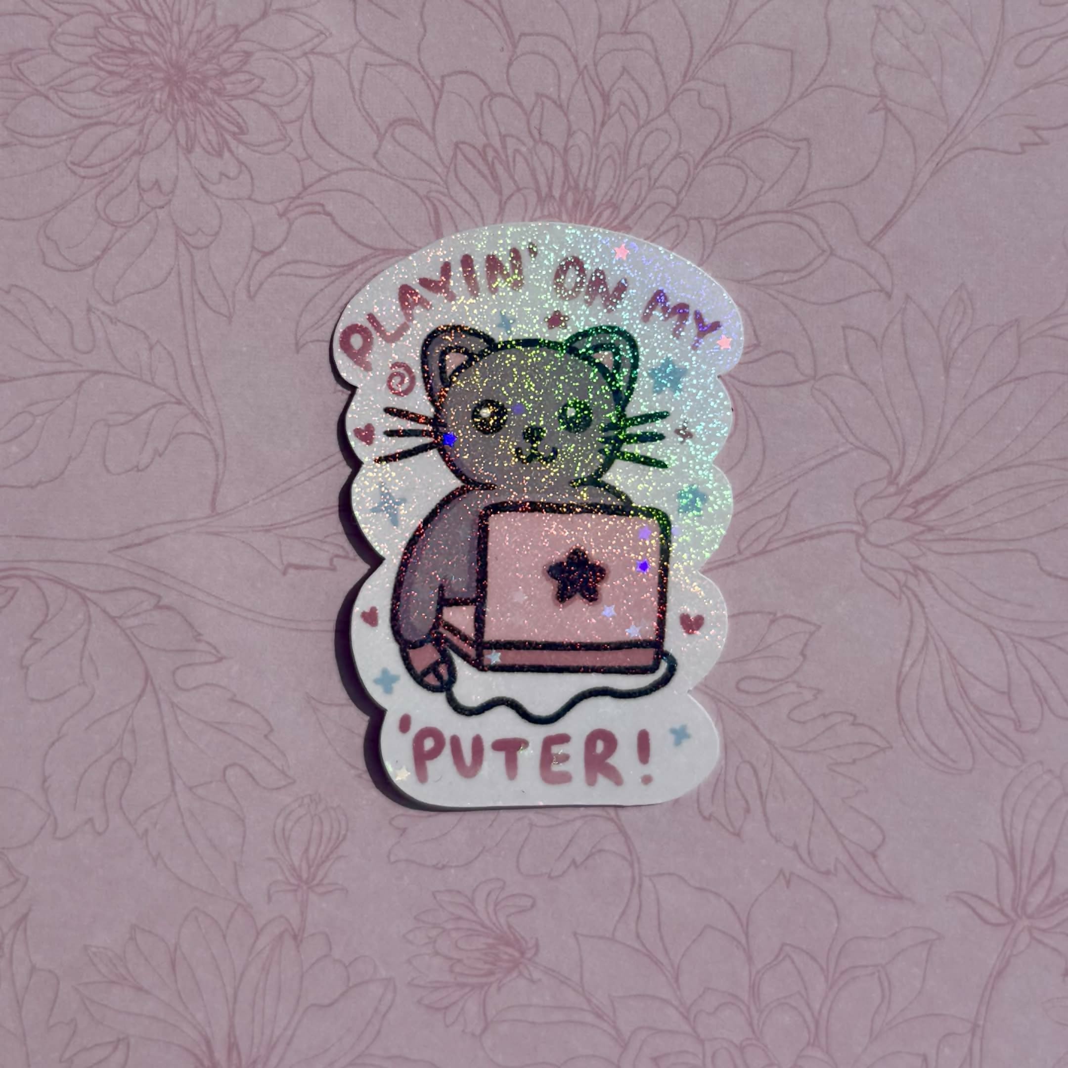 Playin' on my 'puter Cat Computer Holographic Sparkly Sticker