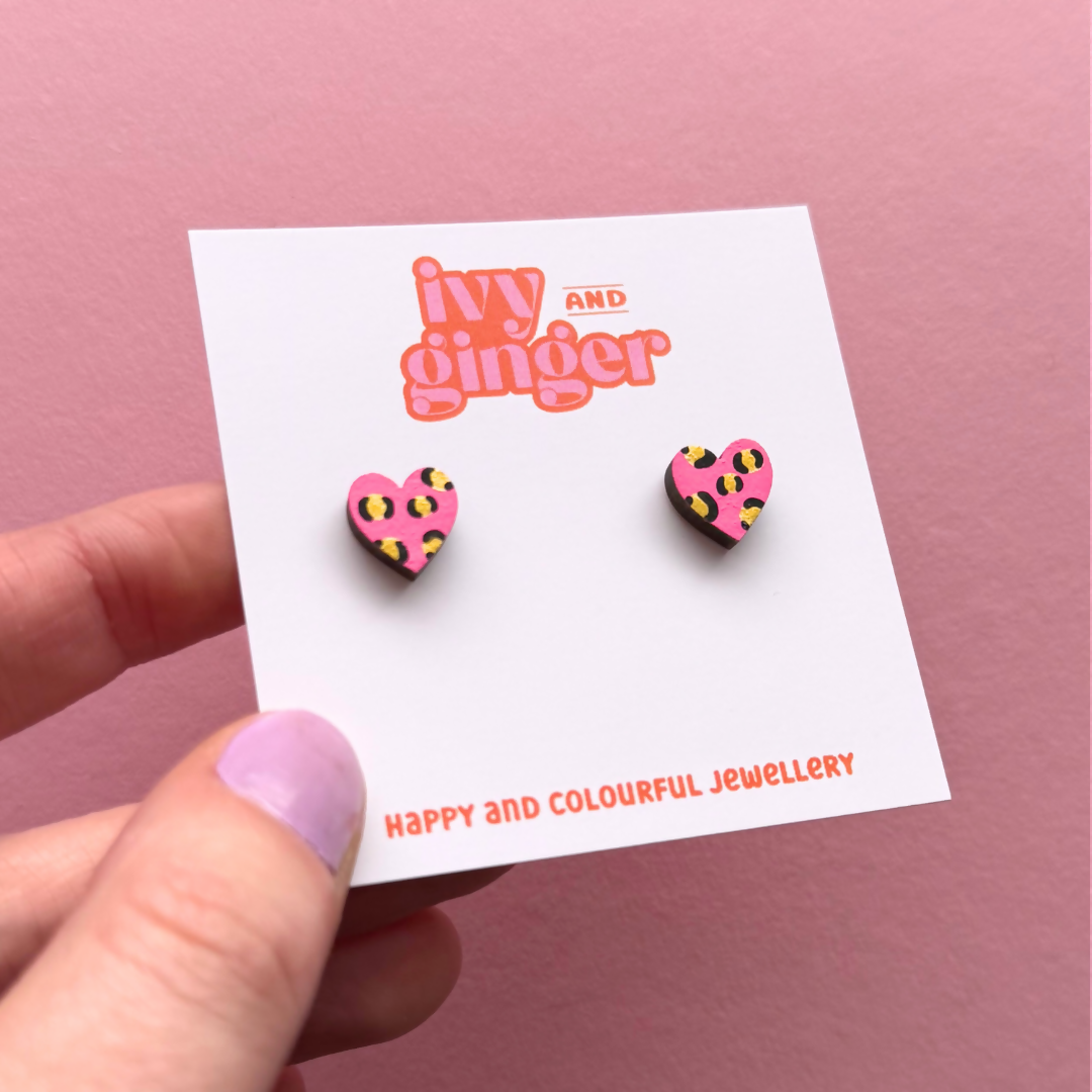 Mini Leopard Print Heart Stud Earrings in Bright Pink and Gold