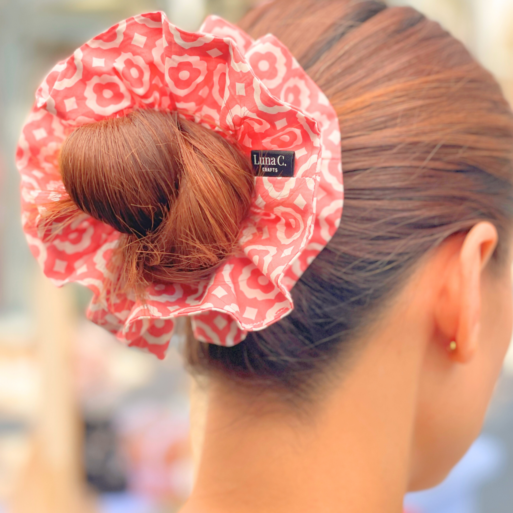 Cherry Red Floral Double Layer Scrunchie