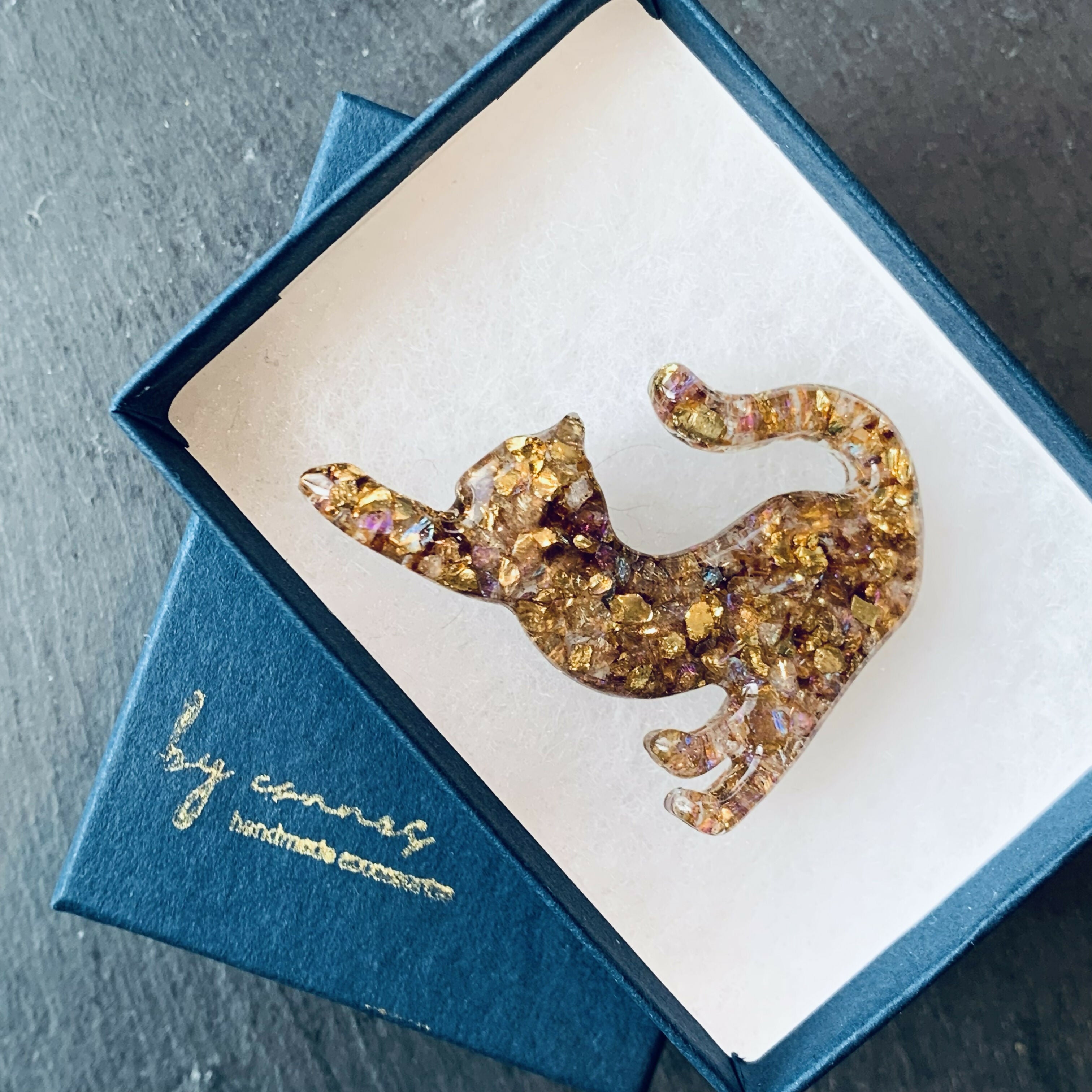 Hand Cast Mosaic Resin Cat Brooch