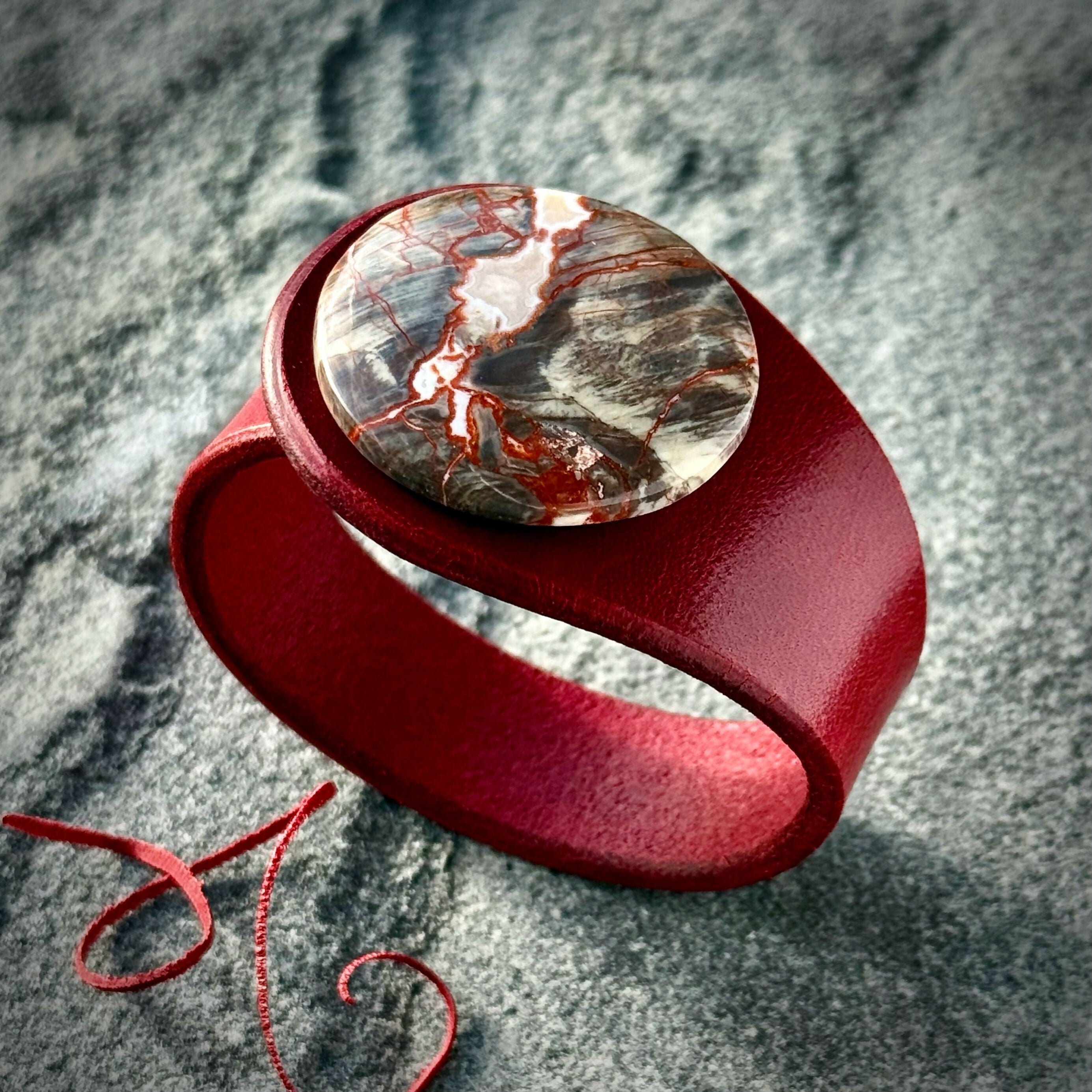 Handcrafted Natural Leather & Money Agate Gemstone Bracelet - Size S or M