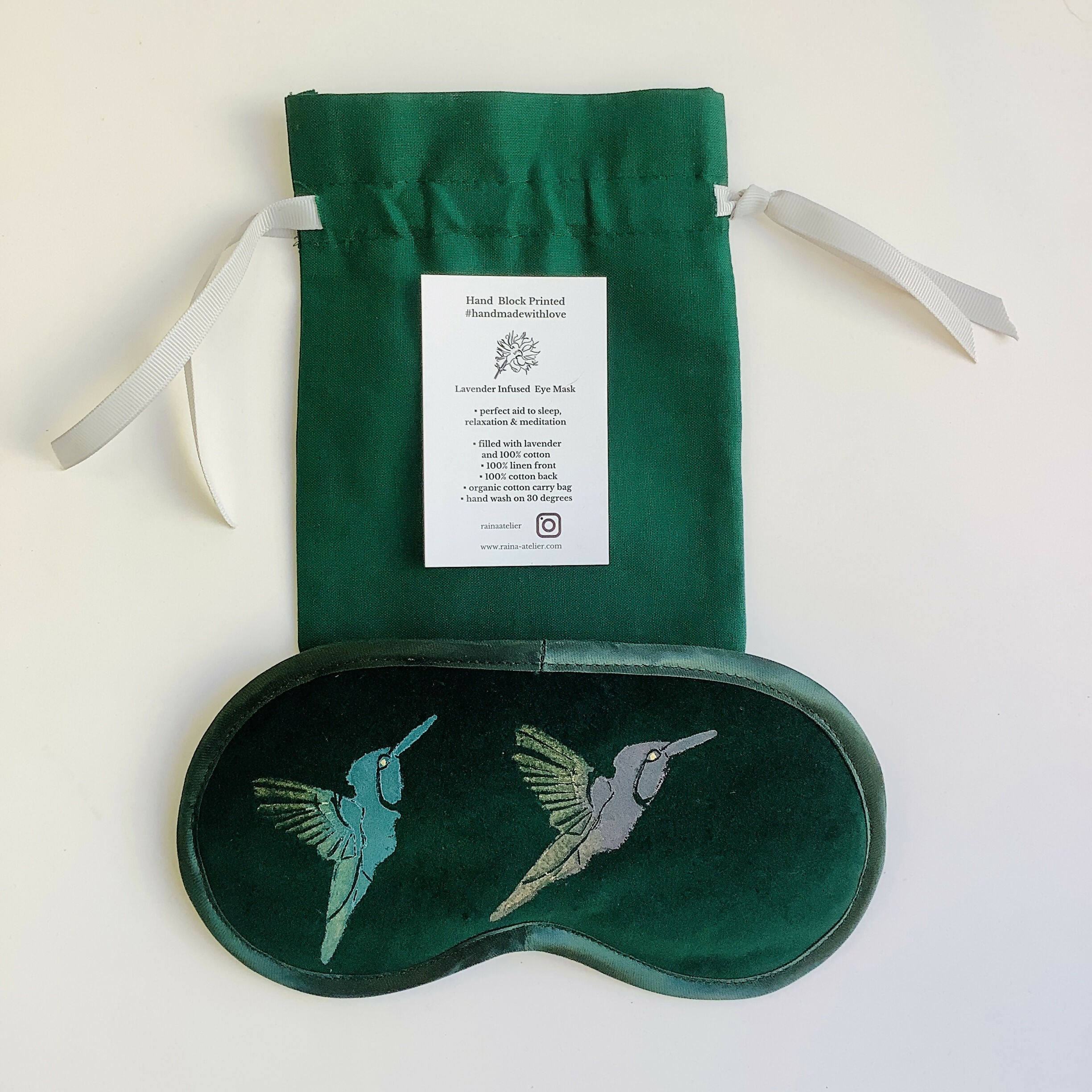 Green Hummingbird Velvet Lavender Eye Mask