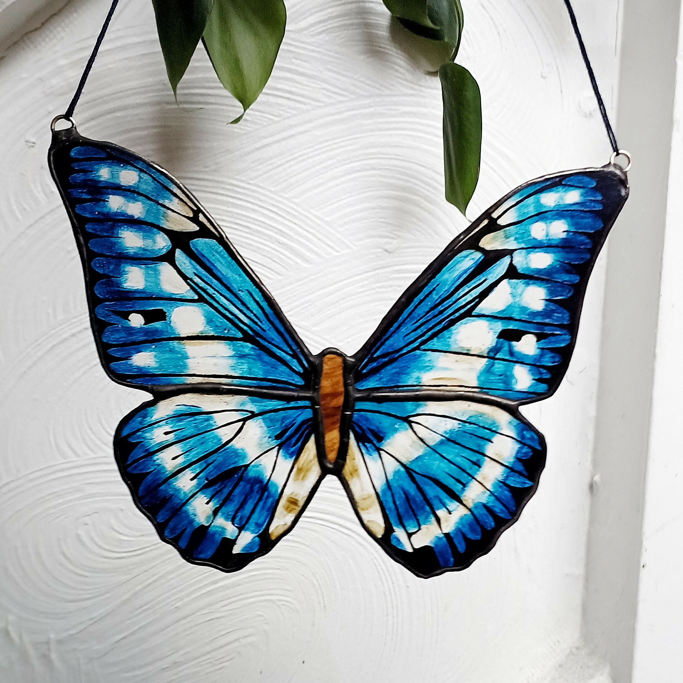 Stained Glass Blue Morpho Cypris Butterfly Suncatcher