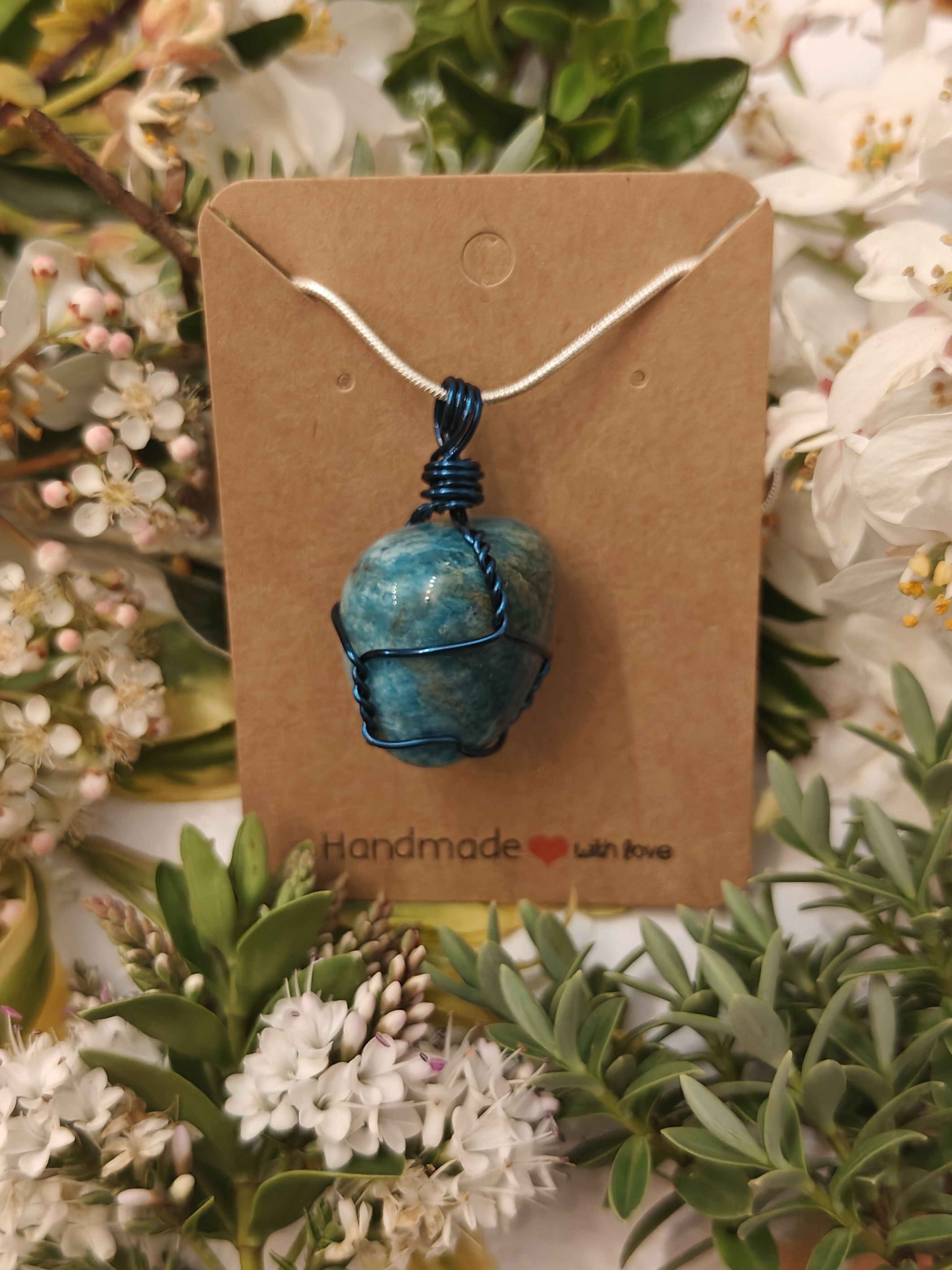 Blue Apatite Wire Wrapped Crystal Necklace on Sterling Silver Chain