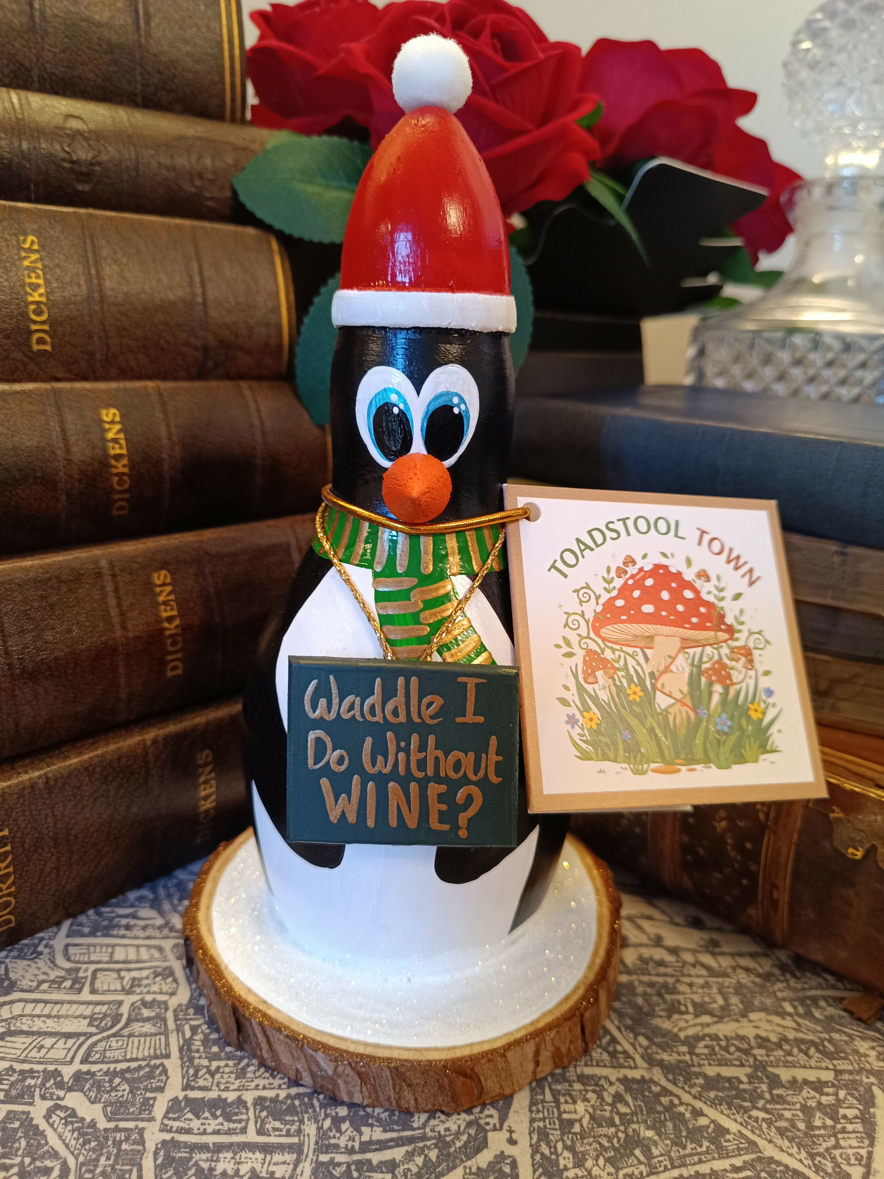 Handmade Wooden Holiday Penguin Figurine - "Waddle I Do Without Wine?"