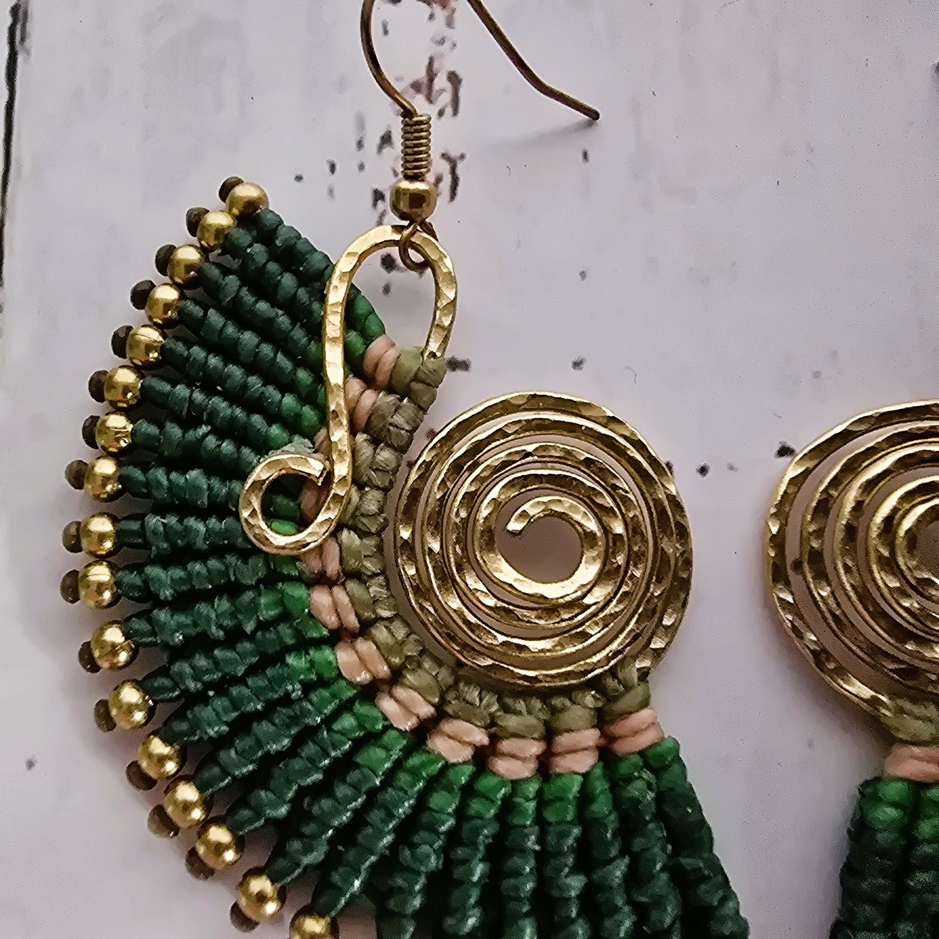 Green Fan Macrame Earrings; Ear Jacket Style Boho Nature Bold Statement Gold Spiral Earrings