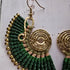 Green Fan Macrame Earrings; Ear Jacket Style Boho Nature Bold Statement Gold Spiral Earrings