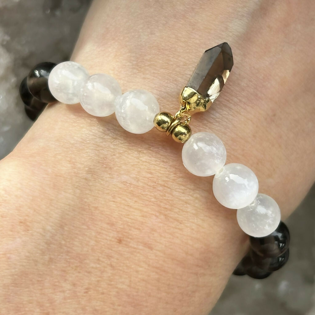 Handmade Smokey Quartz And Selenite Charm Stretch Bracelet