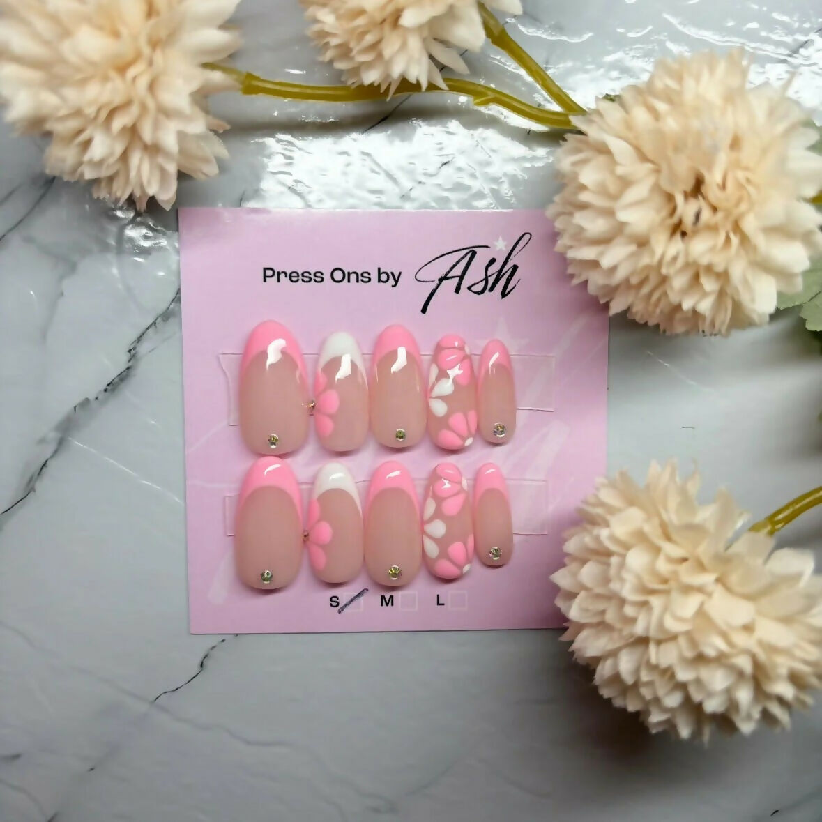 Reusable Pink and White Flowery French Tip with Diamontes Handmade Press On Nails