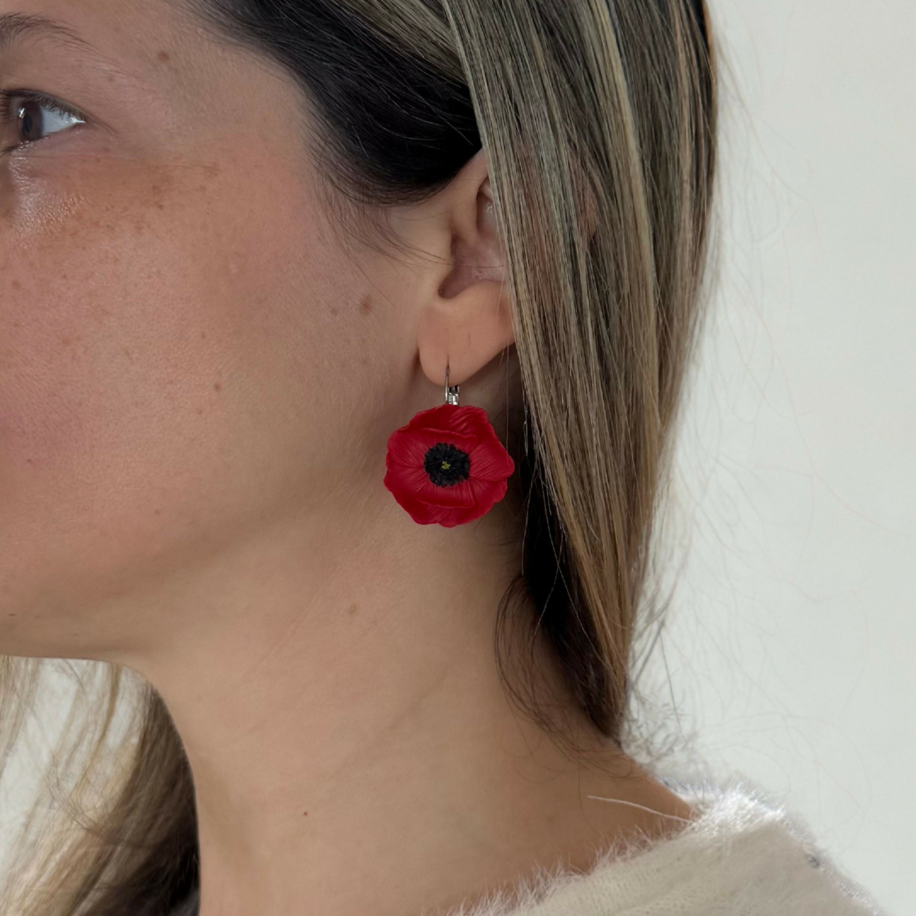 Red Poppy Drop Earrings with Textured Black Centre