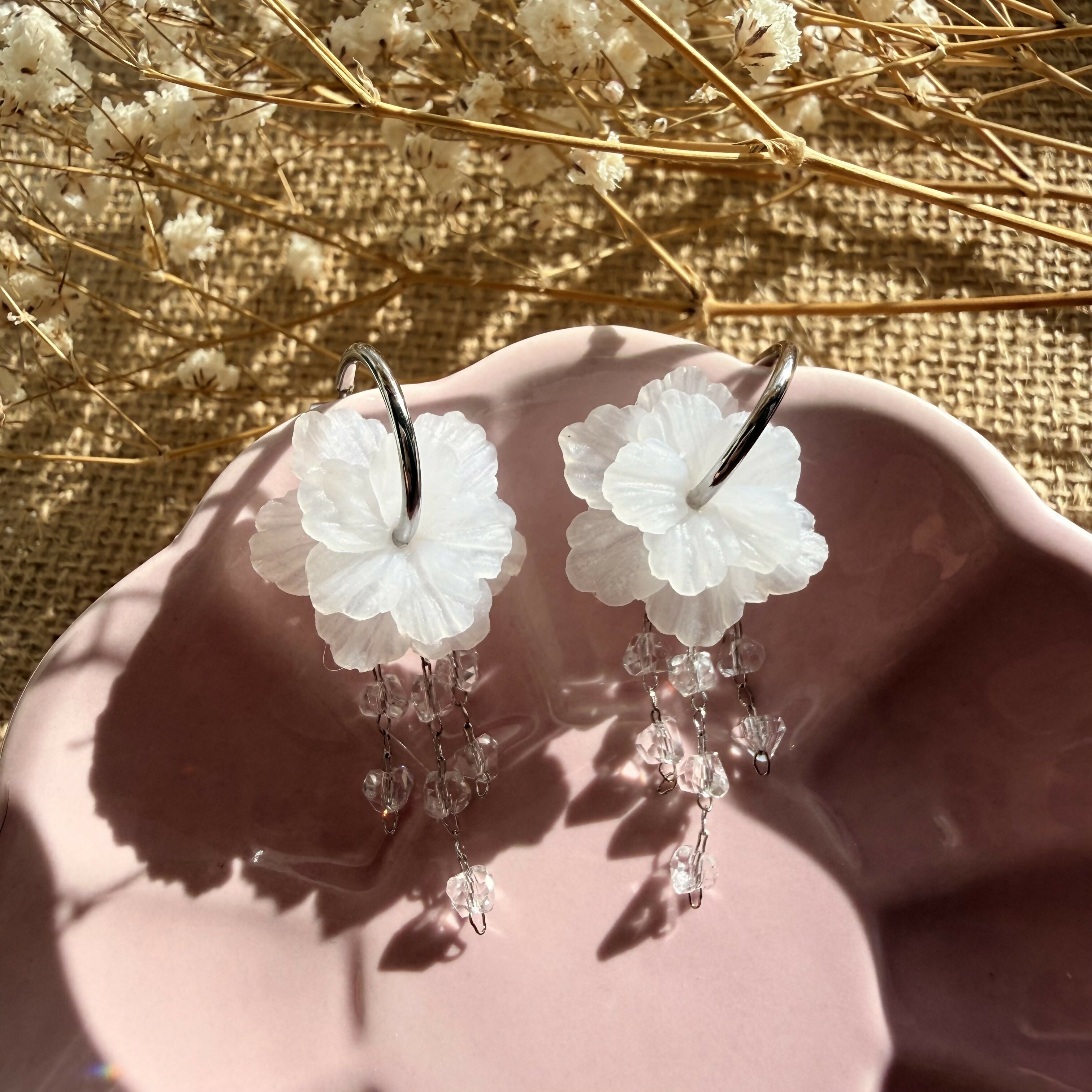 Translucent Flower Drop Earrings with Silver Chain and Crystal Detail