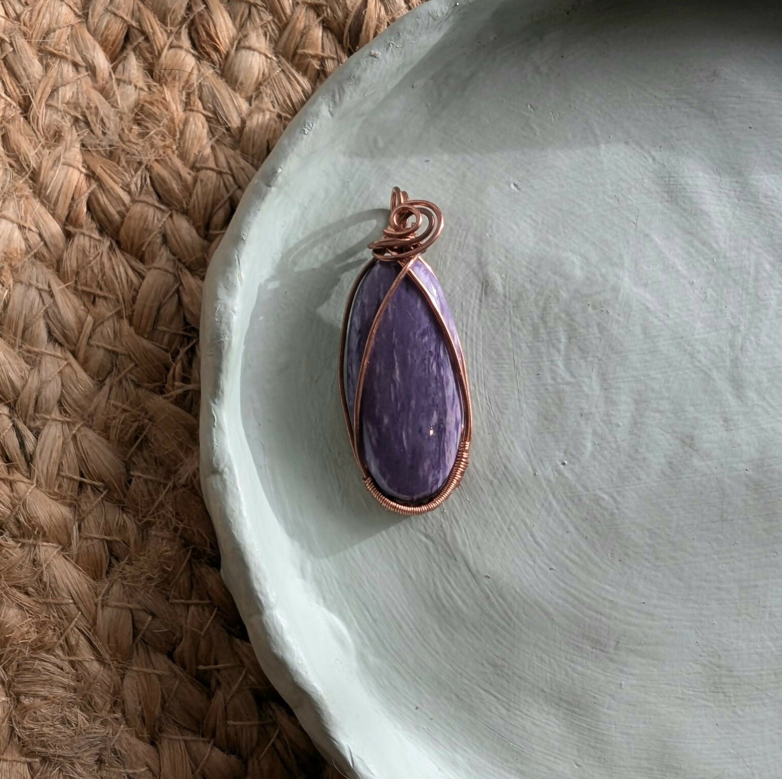 Hand Wrapped Charoite & Copper Pendant With Suede Cord