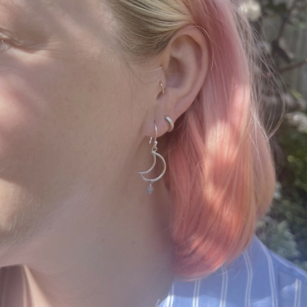 Sterling Silver Crescent With Moss Aquamarine Earrings