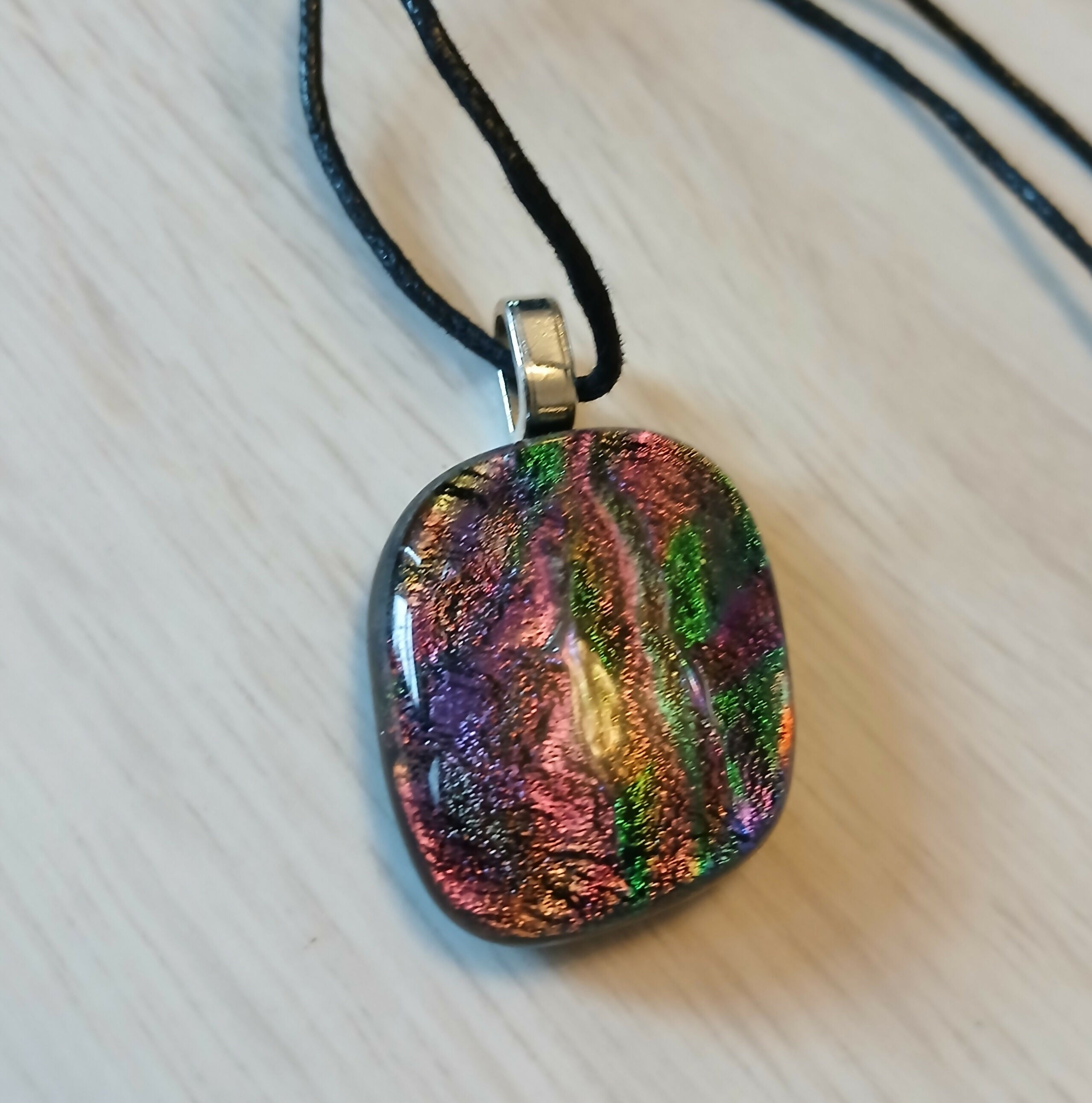 Fused Dichroic Glass Pendant With a Cord Necklace (Rainbow)