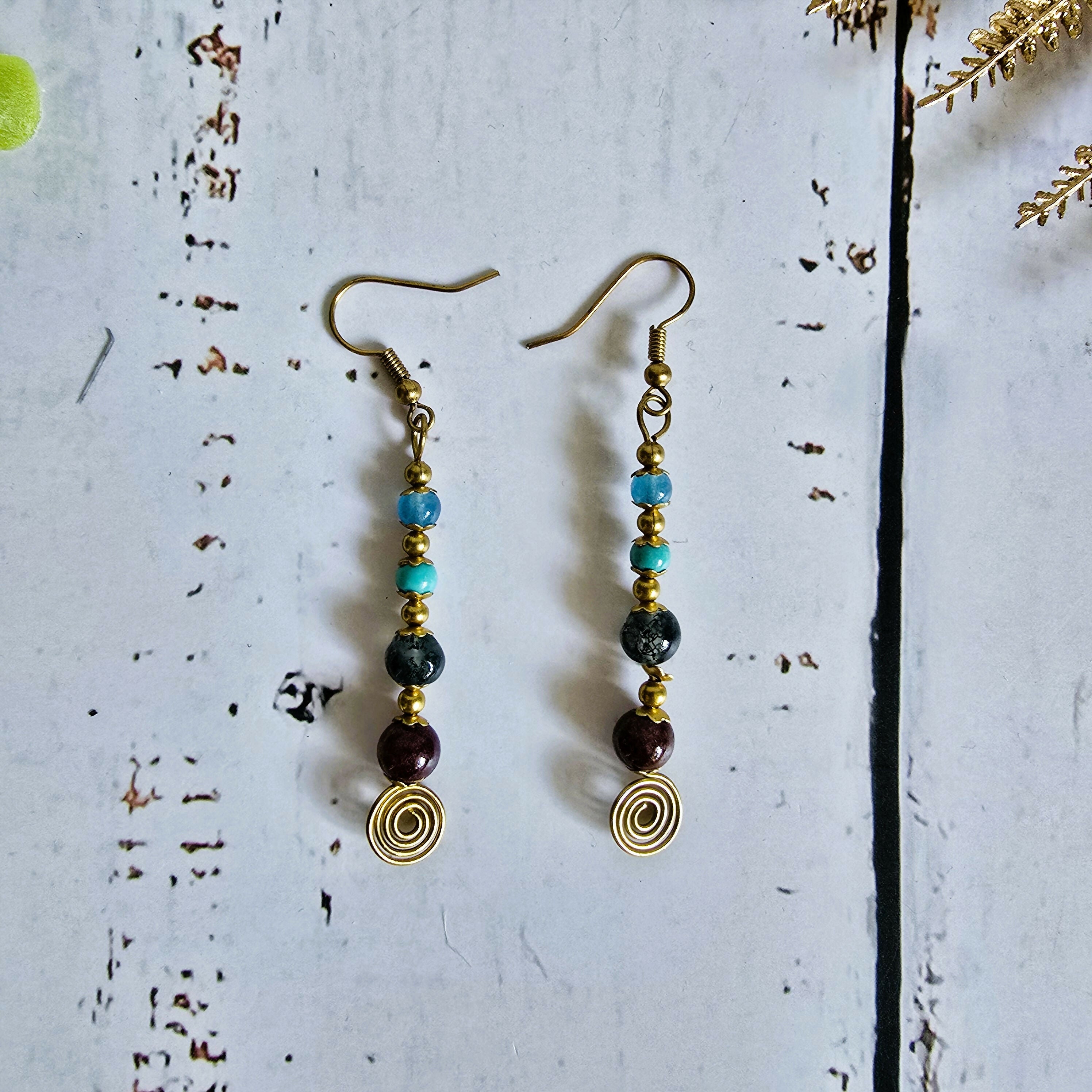 Aquamarine, Turquoise, Moss Agate & Garnet Crystal Drop Earrings; Delicate Boho Gemstone Earrings