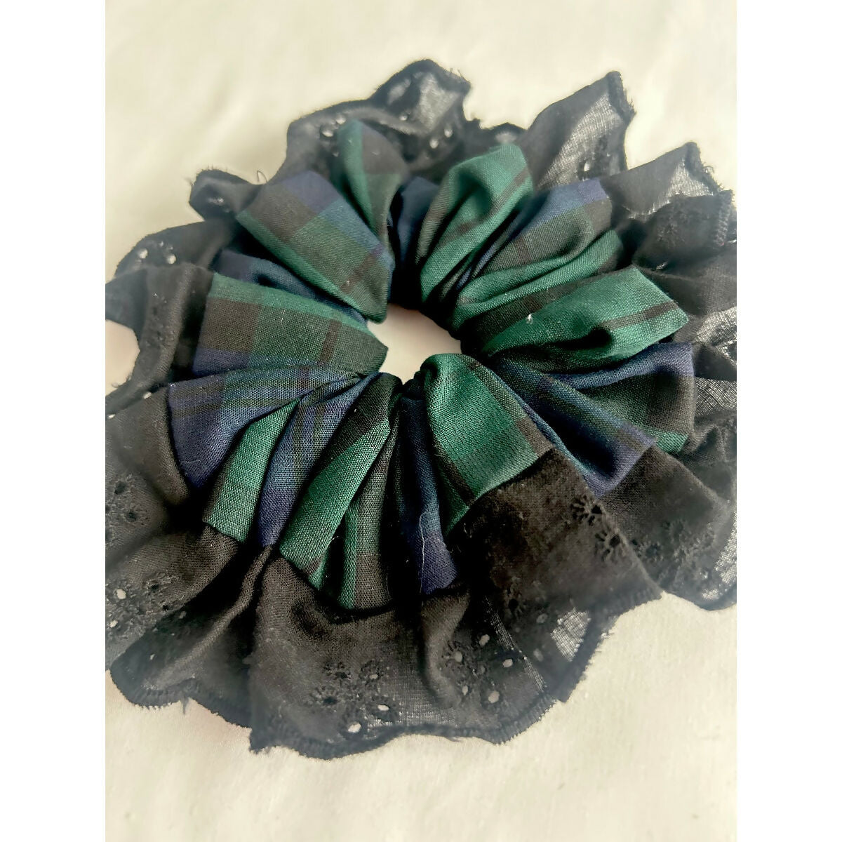 Green & Blue Tartan Oversized Ruffle Broderie Lace Hair Scrunchie