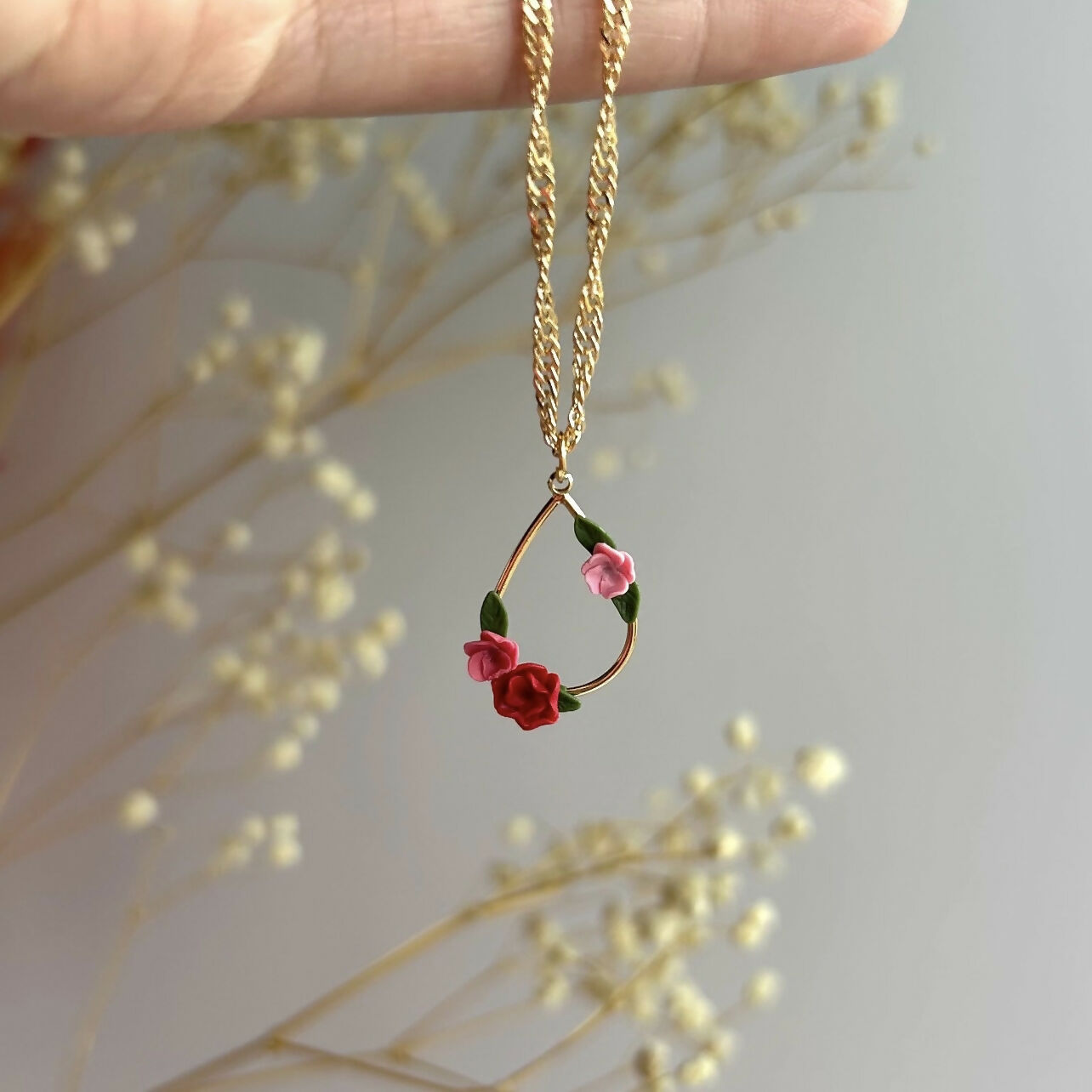 Pink Flower Teardrop Necklace