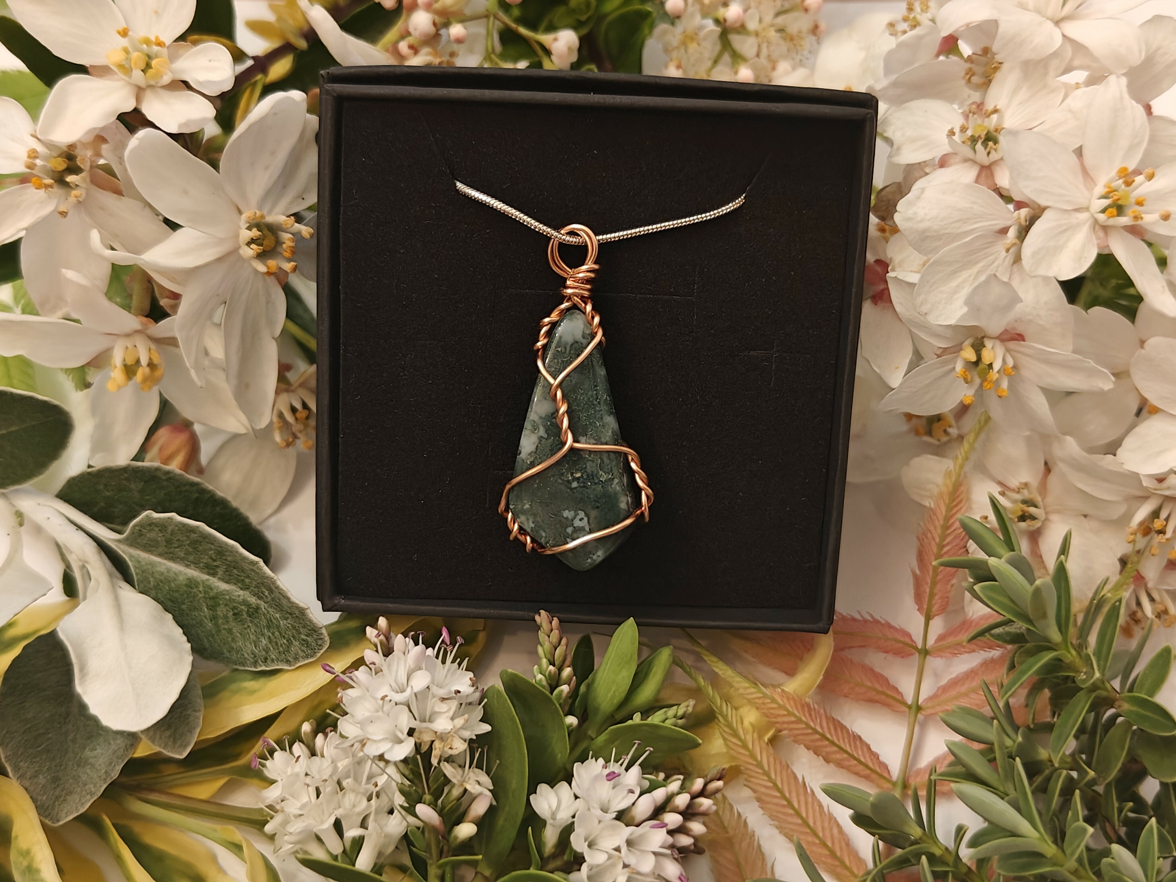 Moss Agate Wire Wrapped Crystal Necklace on Sterling Silver Chain