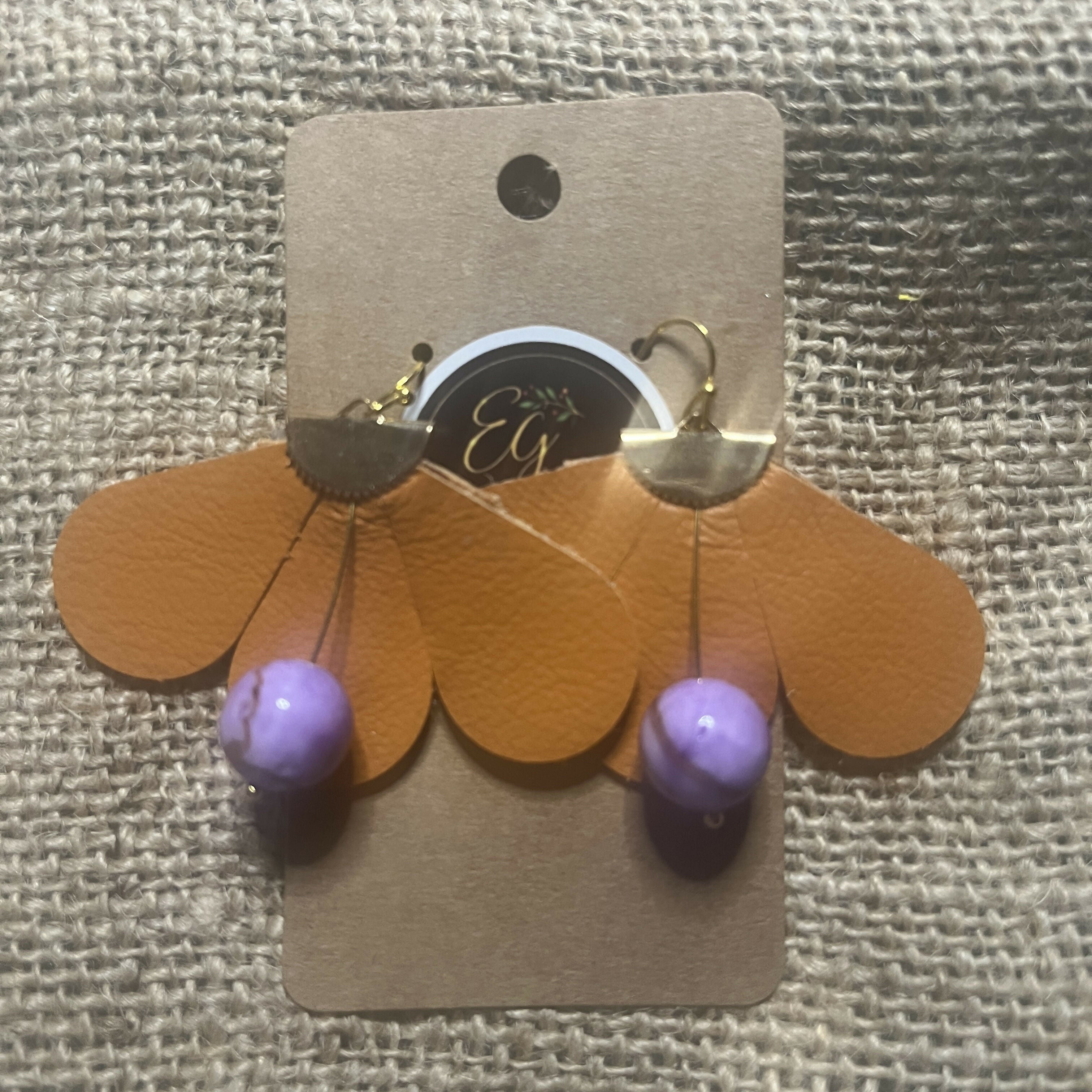 Forest Whisper – Cognac Brown Thin Leather Flower Earrings with Lavender Stone