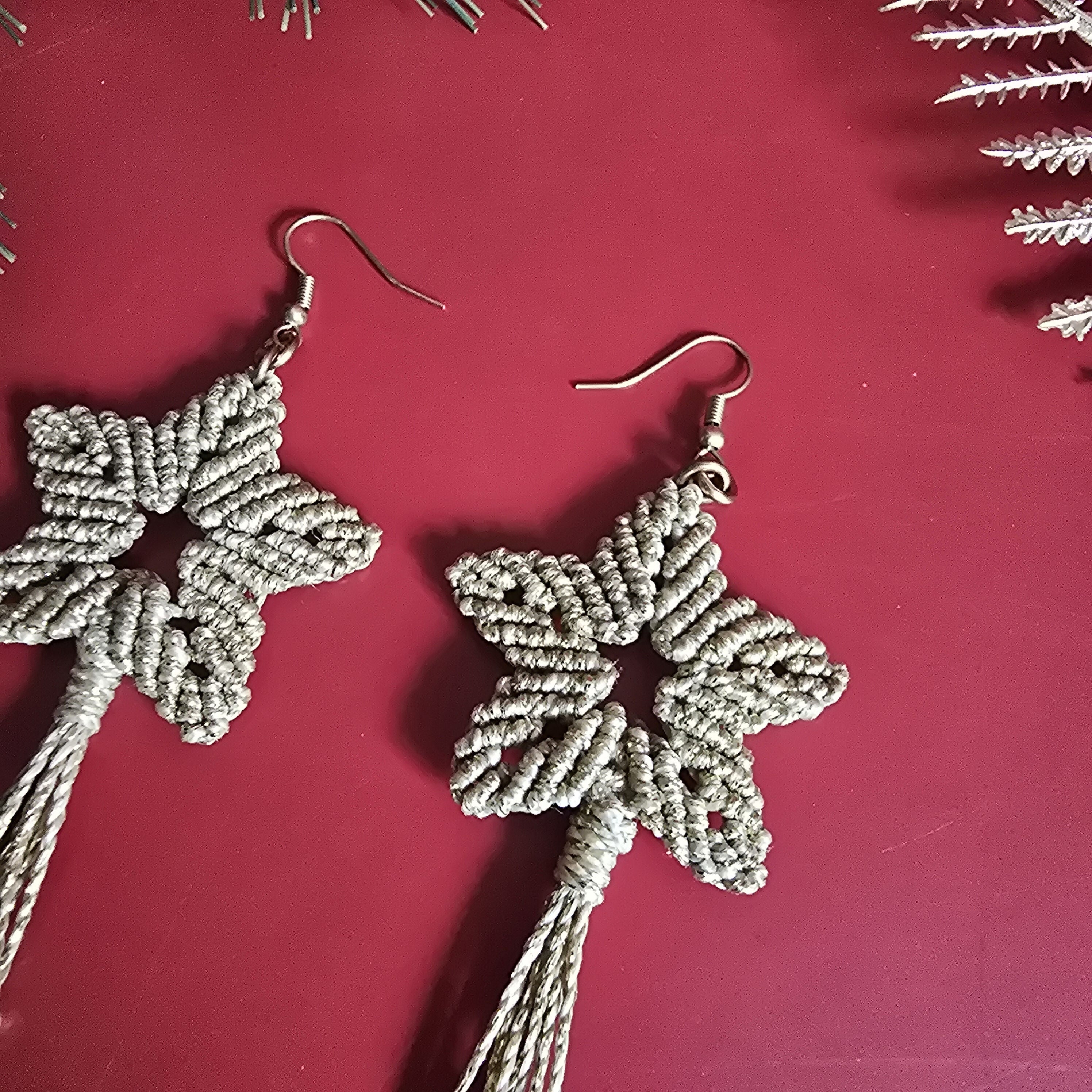 Christmas Shooting Star Earrings; Macrame Gold Sparkly Knotted Cord Festive Handmade Earrings
