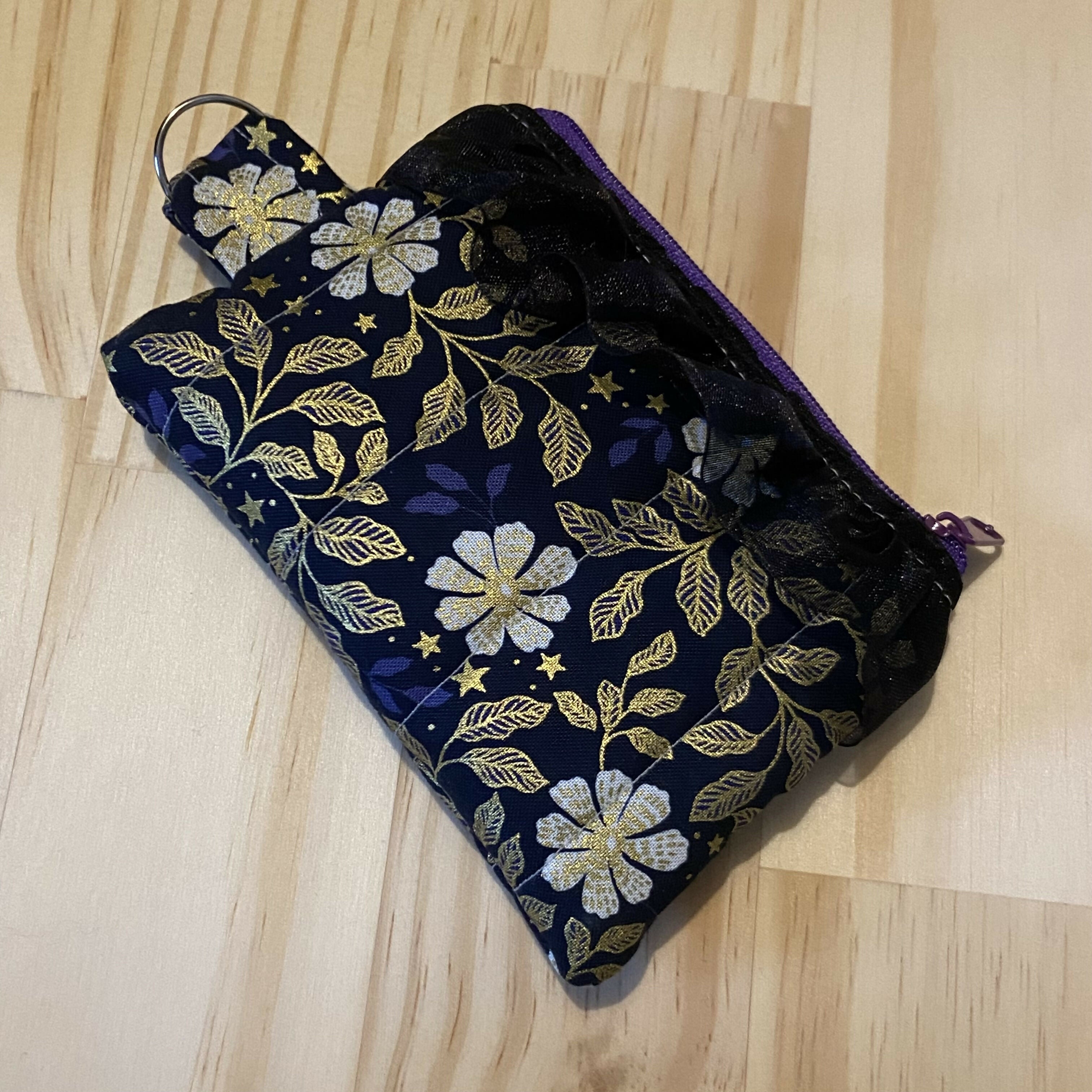 Black and Gold Floral Ruffle Mini Zipper Pouch